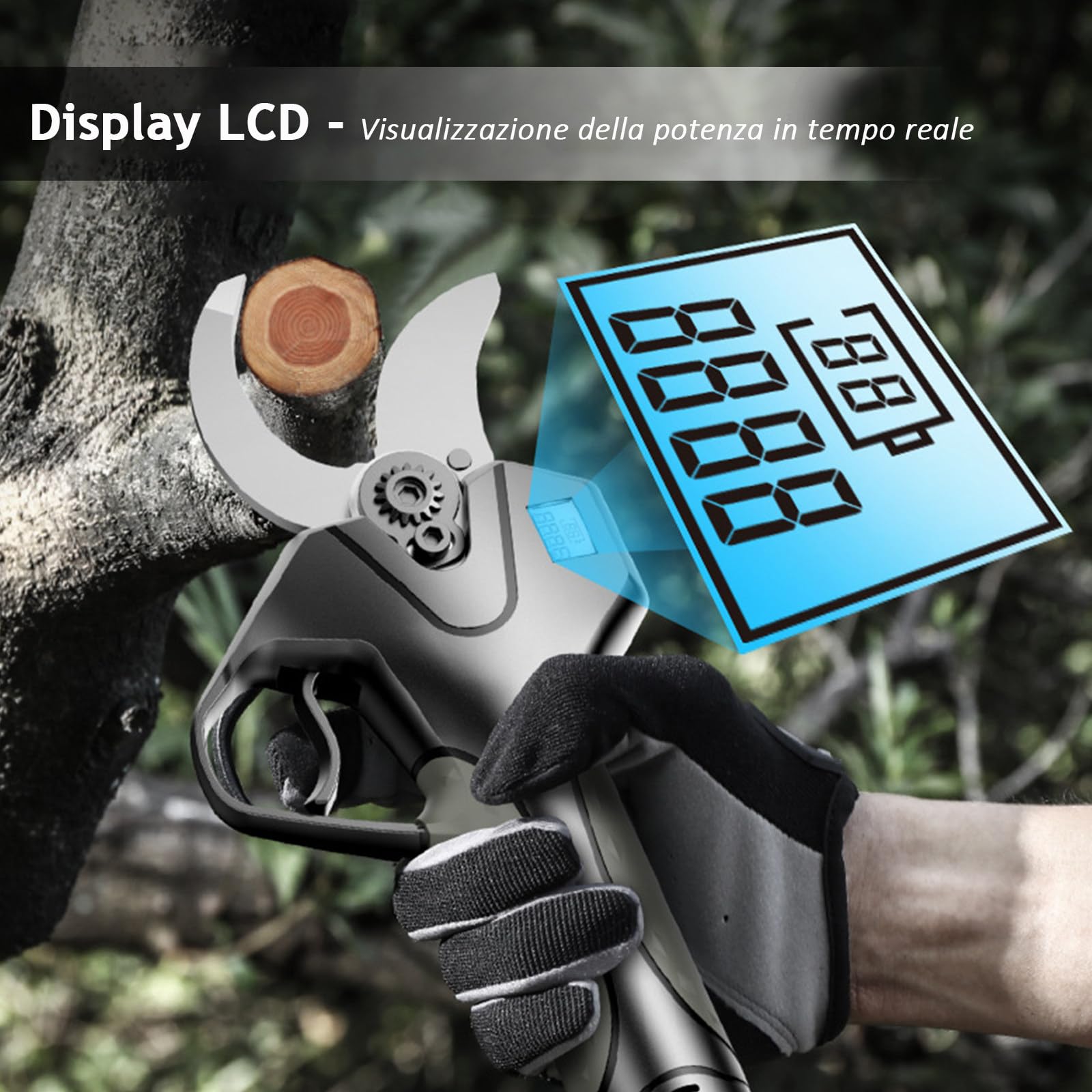 Forbici Potatura a Batteria con Asta, Cesoie Elettriche Professionali 2 x 4500 mAh, Display per Giardino, Frutteto
