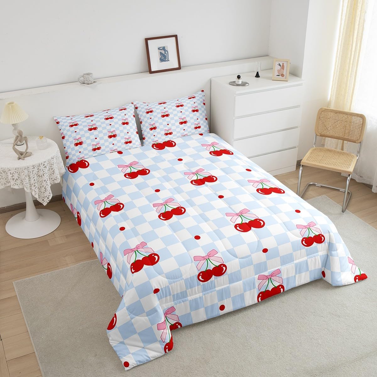 Pink Bowknot Kids Comforter Set Full Size,Bow Tie Cherry Tropical Fruit Cartoon Bedding Set,Girls Women Room Decor,Geometric Checkered Patchwork Down Comforter,Blue Chic Duvet Insert,2 Pillowcases