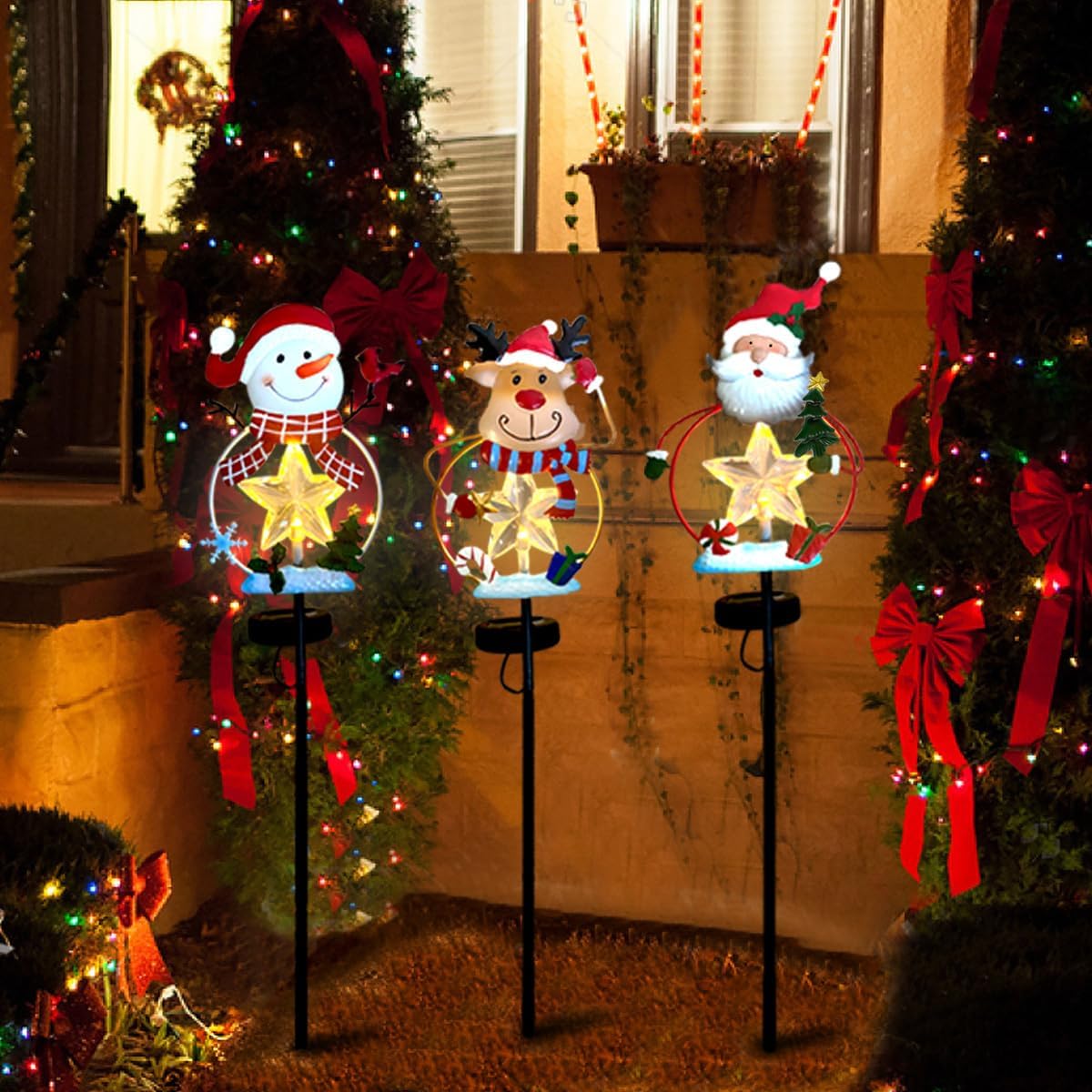 3 Pack Christmas Stake Decor, Outdoor Garden Solar Light Metal Snowman/Santa Claus/Reindeer Yard Stakes with LED Lights Waterproof for Home Lawn Pathway Christmas Holiday Winter Decoration - Image 3
