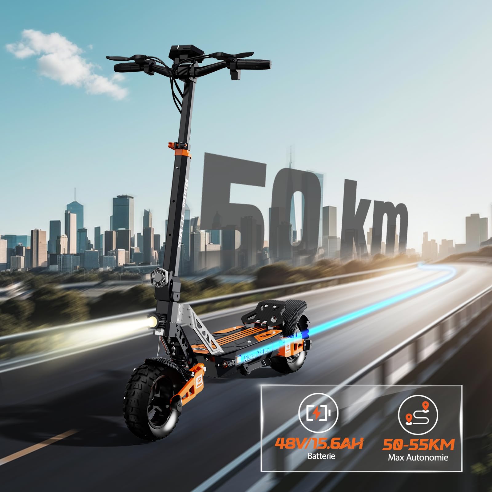 T2 Max Trottinette Électrique, Autonomie Max 55KM, Batterie 48V 15.6Ah, Pneus Tout-Terrain 10 Pouces, 3 Mode de Vitesse, Affichage Intelligent