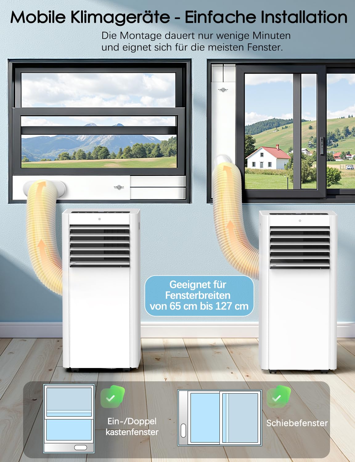 Klimaanlage Mobil 7000BTU, Klimageräte 4-in-1, Kühlung, Entfeuchtung und 2-Stufiger Belüftung mit Schlafmodus | Energieeffizient | Timer | Leiser Betrieb Klimaanlage Mobile