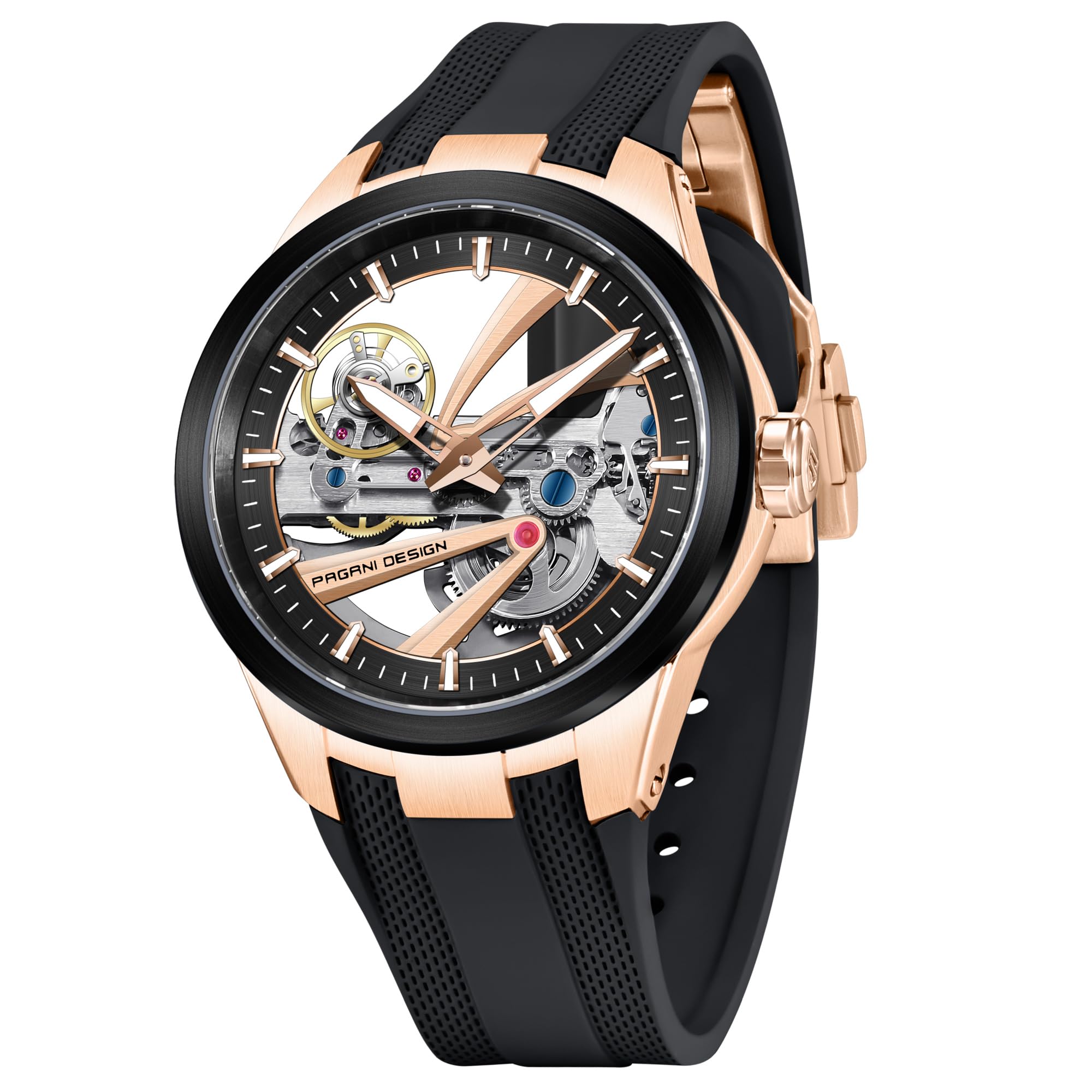 Pagani Design, orologio meccanico automatico da uomo, quadrante scheletrato, cassa in acciaio inossidabile, cinturino in fluorurubber, impermeabile fino a 100 m, orologio di lusso per uso quotidiano