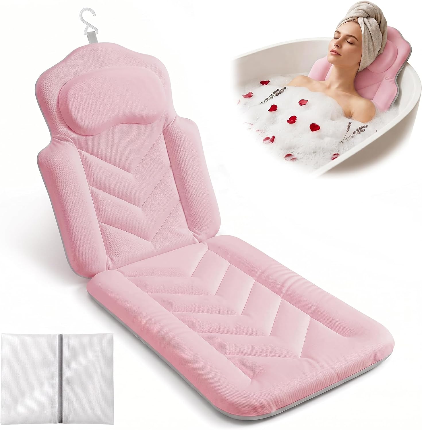 Full Body Bath Pillow for Bathtub Luxury Extra Thick Bath Cushion 6D Air Mesh Tub Pillow with Strong Suction Cups Non Slip Bathtub Pillow for Head Neck Shoulder Back and Waist Support Home Spa White