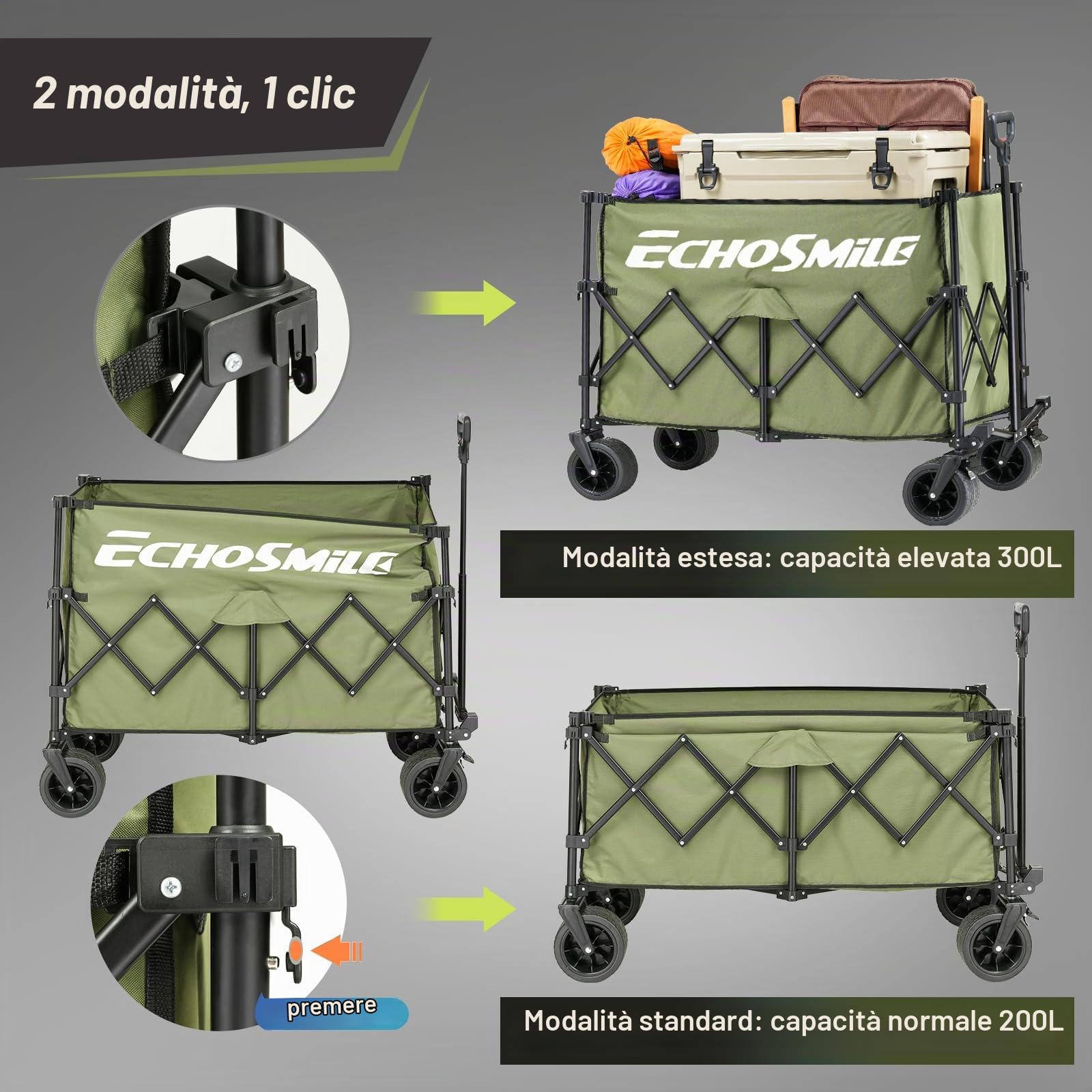 EchoSmile XXXXL Carrello Pieghevole da Giardino 300L 227 kg, Carretto da Spiaggia con Ruote Grandi, Carrelli da Trasporto con Freni per Campeggio, Shopping e Attività All'aperto, Verde
