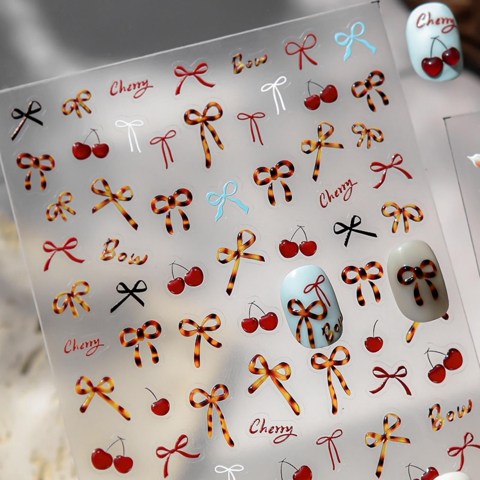 Bow Nail Stickers Cherry Nail Decals for Nails Art with Leopard Print Design Bowknot Nail Art Stickers 5D Embossed Self Adhesive Nails Art Decals for Women Girls Manicure DIY Decoration Accessories