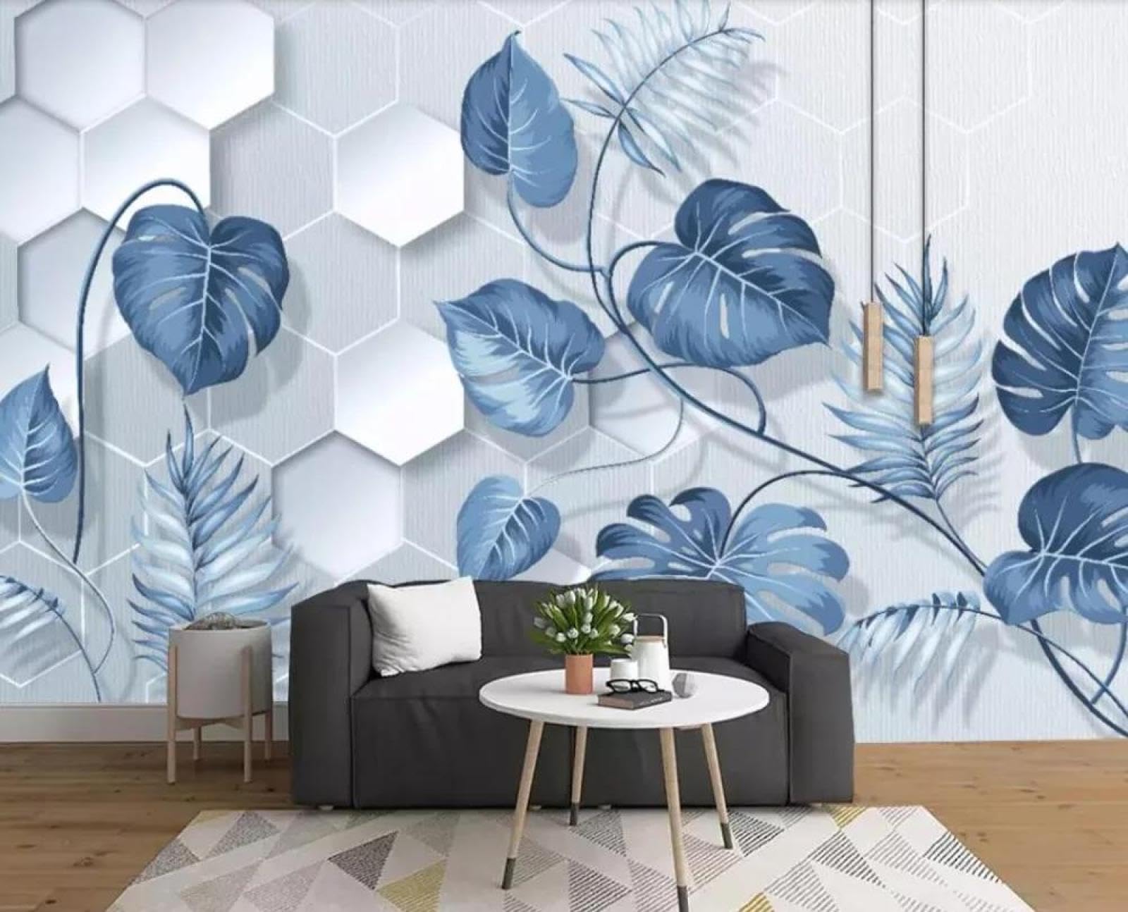 Papier peint murale maison ILIYA feuille bleue 3D salon chambre