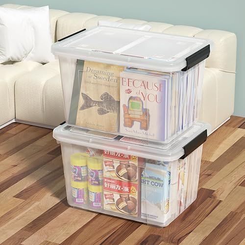 Miniatura 7 de Paquete de 4 contenedores con cierre de 30 litros con tapas y ruedas, cajas de almacenamiento de plástico grandes, contenedores apilables