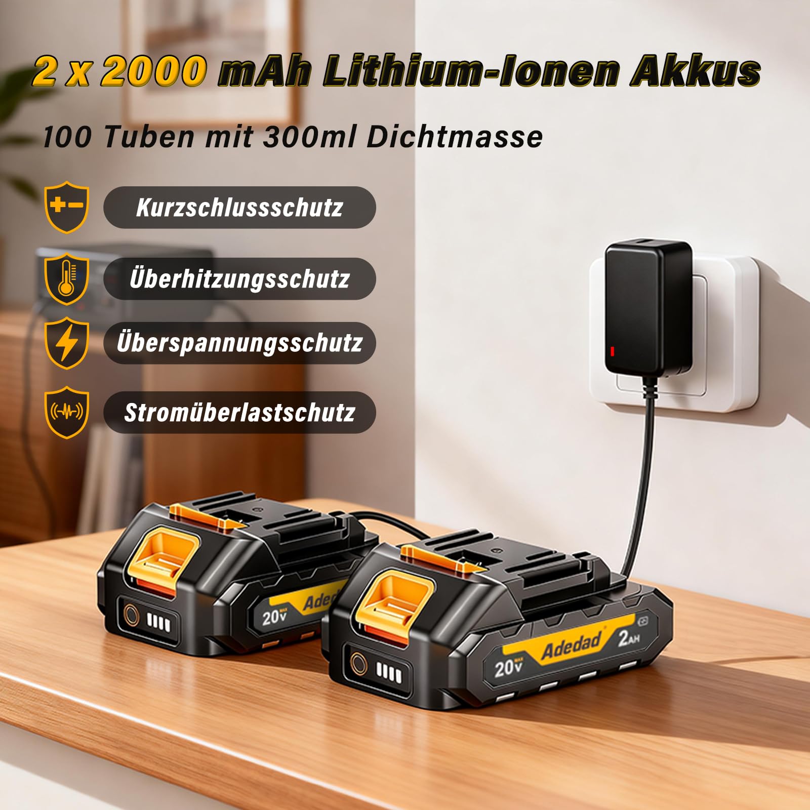 Akku Silikonpistole 6500N mit 6 Geschwindigkeiten für 300ml Kartuschen | 2×2.0Ah Akkus inklusive, kompatibel mit Makita 18V Akkus, ideal für Silikon, Kleber und Dichtstoffe