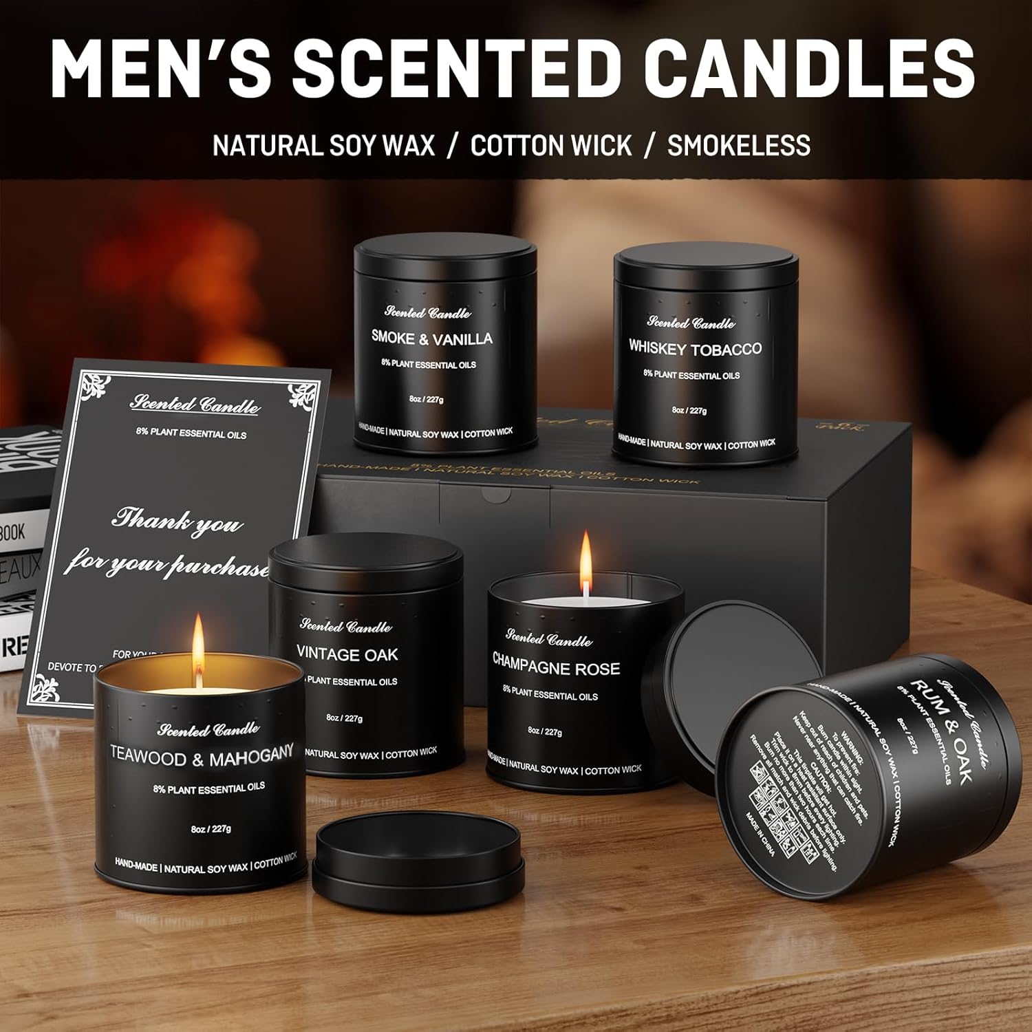 Scented Candles for Men - 6 Pack Masculine Scented Candles Set, 8oz Natural Soy Wax Candles with Essential Oils, Long Lasting Aromatherapy Candle Gift of Father, Husband, Men