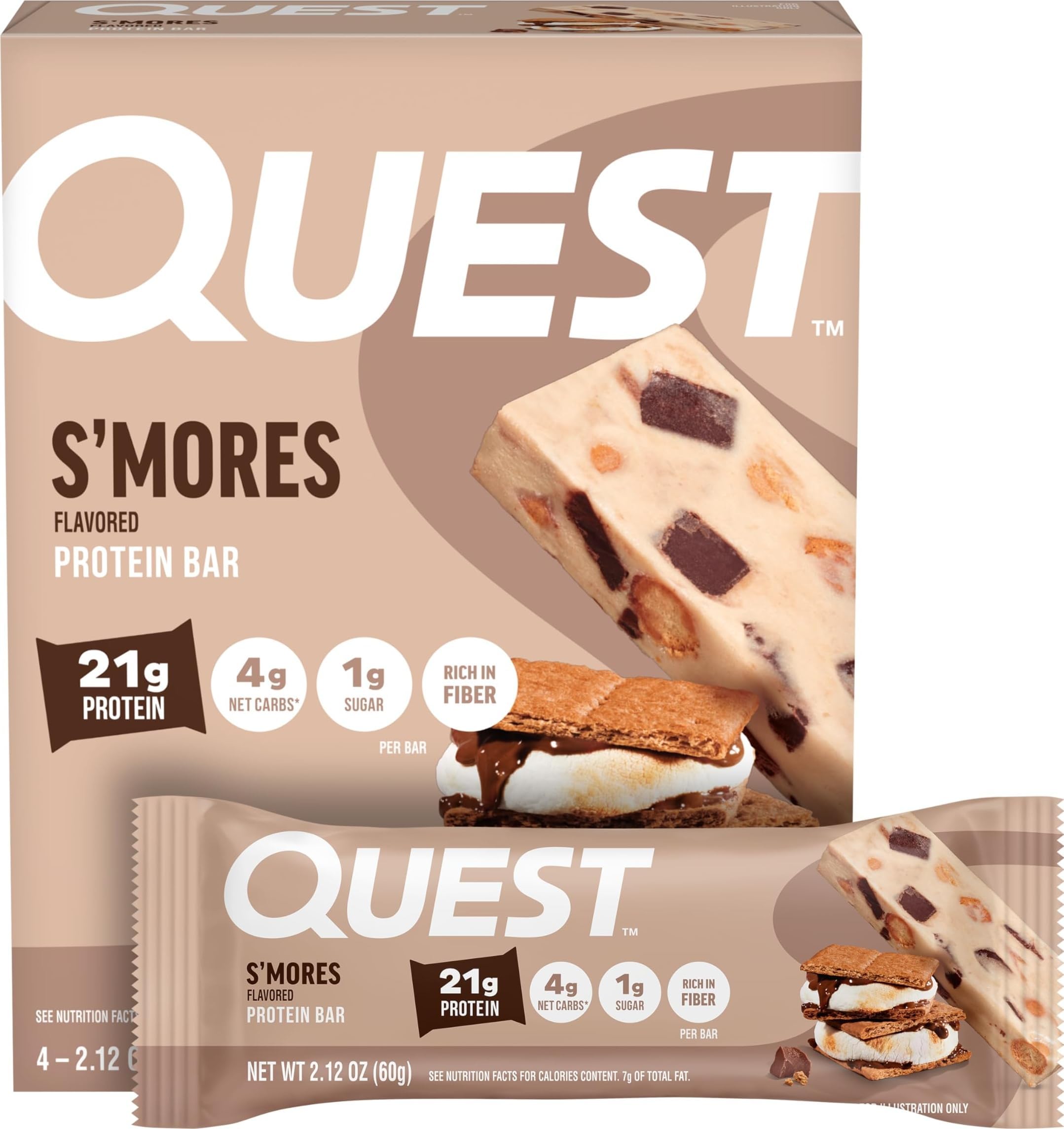 Nutrition Smores Protein Bars, 21g Protein, 4 Count | 12g Fiber, 4g Net Carbs, 1g Sugar, Gluten Free, High Quality Protein, Soft and Chewy, Individually Wrapped 2.12oz Bars