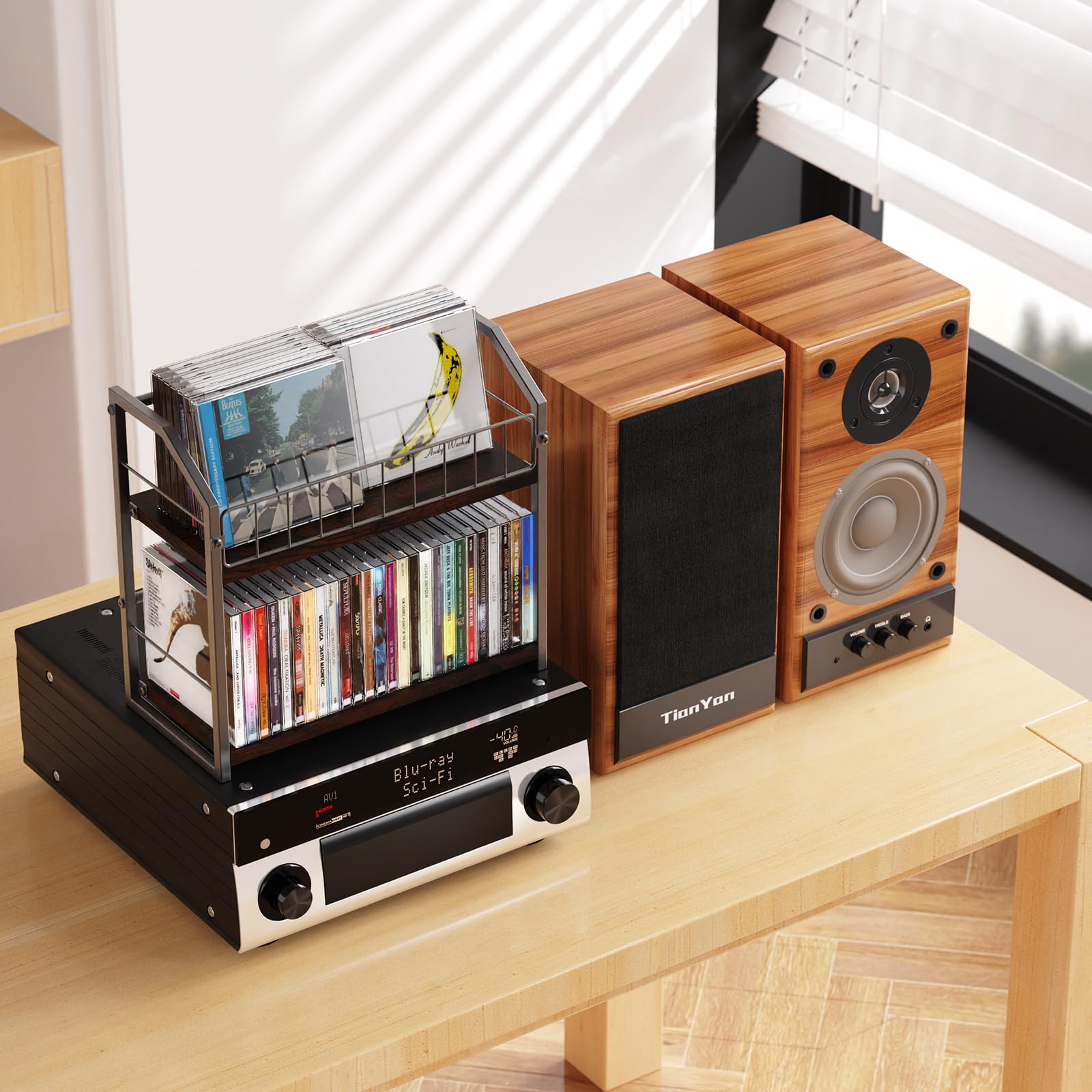 TJ.MOREE 2-Schichten-Schallplatten regal, 56-Kapazitäts- schallplatten aufbewahrung/Cd halter/Schallplatten ständer, Industrie-Retro-Kohlenstoffstahl/Holz, Platzsparender Desktop-Manager