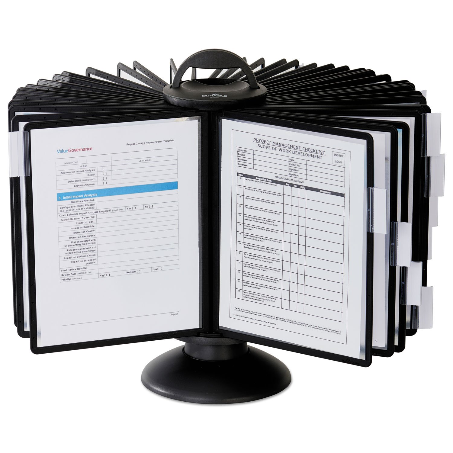DURABLE Carousel Desktop Referenzsystem, 40 doppelseitige Paneele, Briefgröße, Schwarz, SHERPA Design (555701)