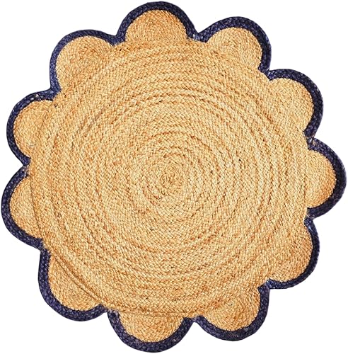 Miniatura 9 de Alfombra redonda natural de yute, alfombra de suelo con borde festoneado, trenzado, bohemio, ecológico, grande, circular hecha a mano, color negro