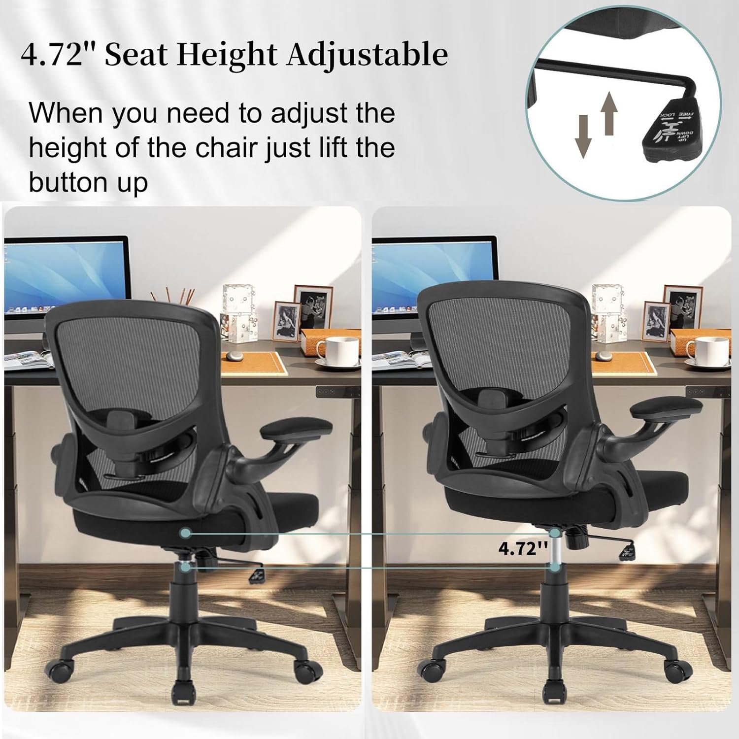 Ergonomic Office Chair Comfy, Mesh Desk Chair with Flip up Armrests, Swivel Computer Desk Chair with Adjustable Lumbar Support and Height for Home Office, 300 lbs Capacity