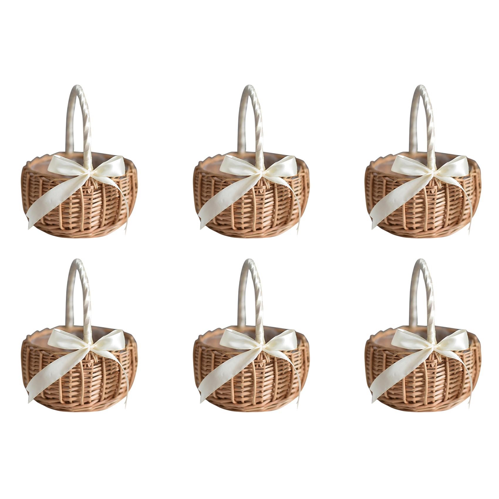 Hndhbfgrt 6X Wicker Woven Flower Basket, with Handle and White Ribbon, Wedding Flower Girl Baskets, for Home Garden Decoration(S)