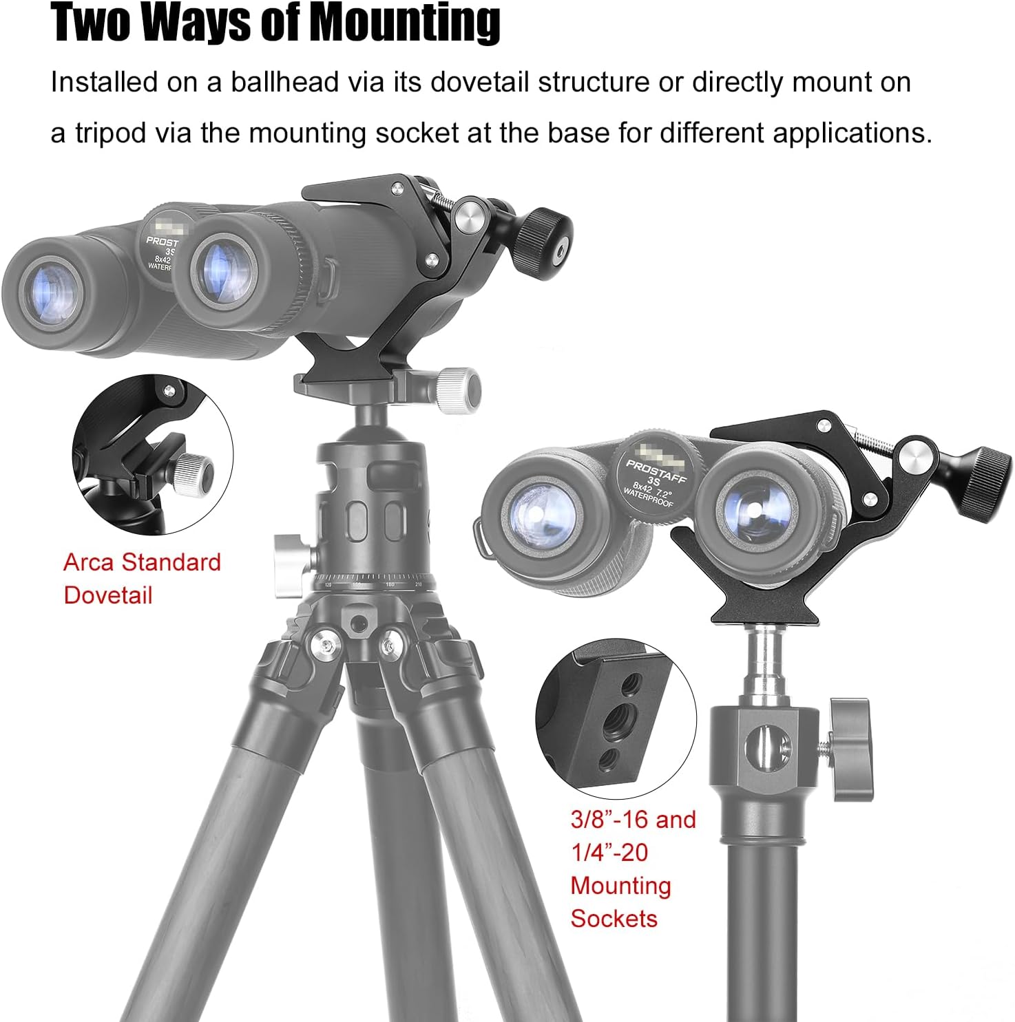 Universal Binocular Tripod Adapter Super Clamp with Arca Swiss Adapter, Compatible with All Tripods, 1/4 and 3/8，2505