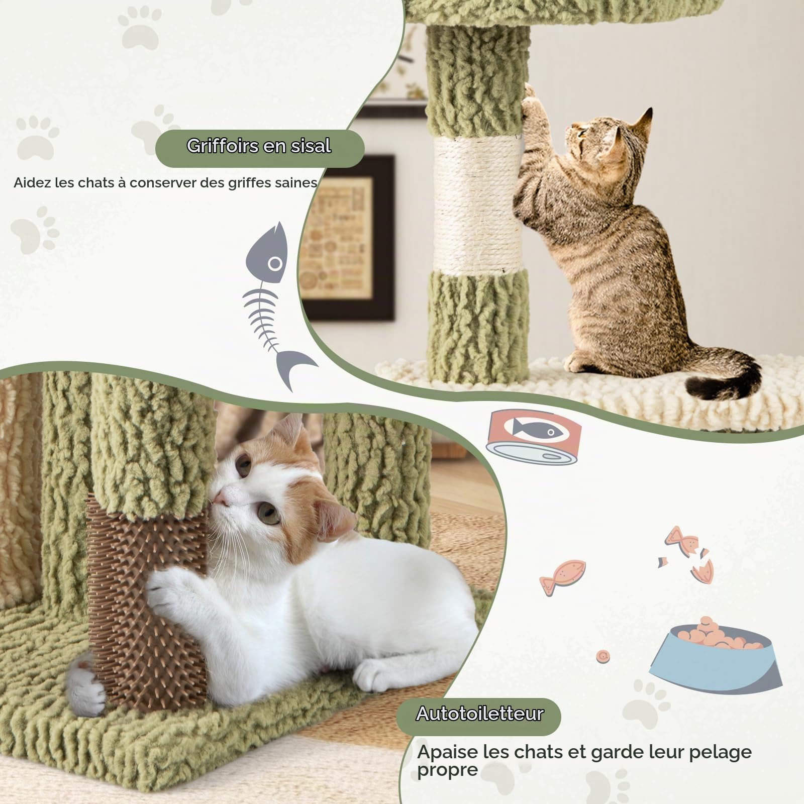 GOPLUS Arbre a Chat Multi-Niveaux, 2 Plateformes, Chaque Charge 10KG, Niche Privée, Panier Latéral, Brosse de Toilettage, Griffoirs en Sisal, Arbre à Chat Coussin Rembourré, Design pour Chatons, Vert