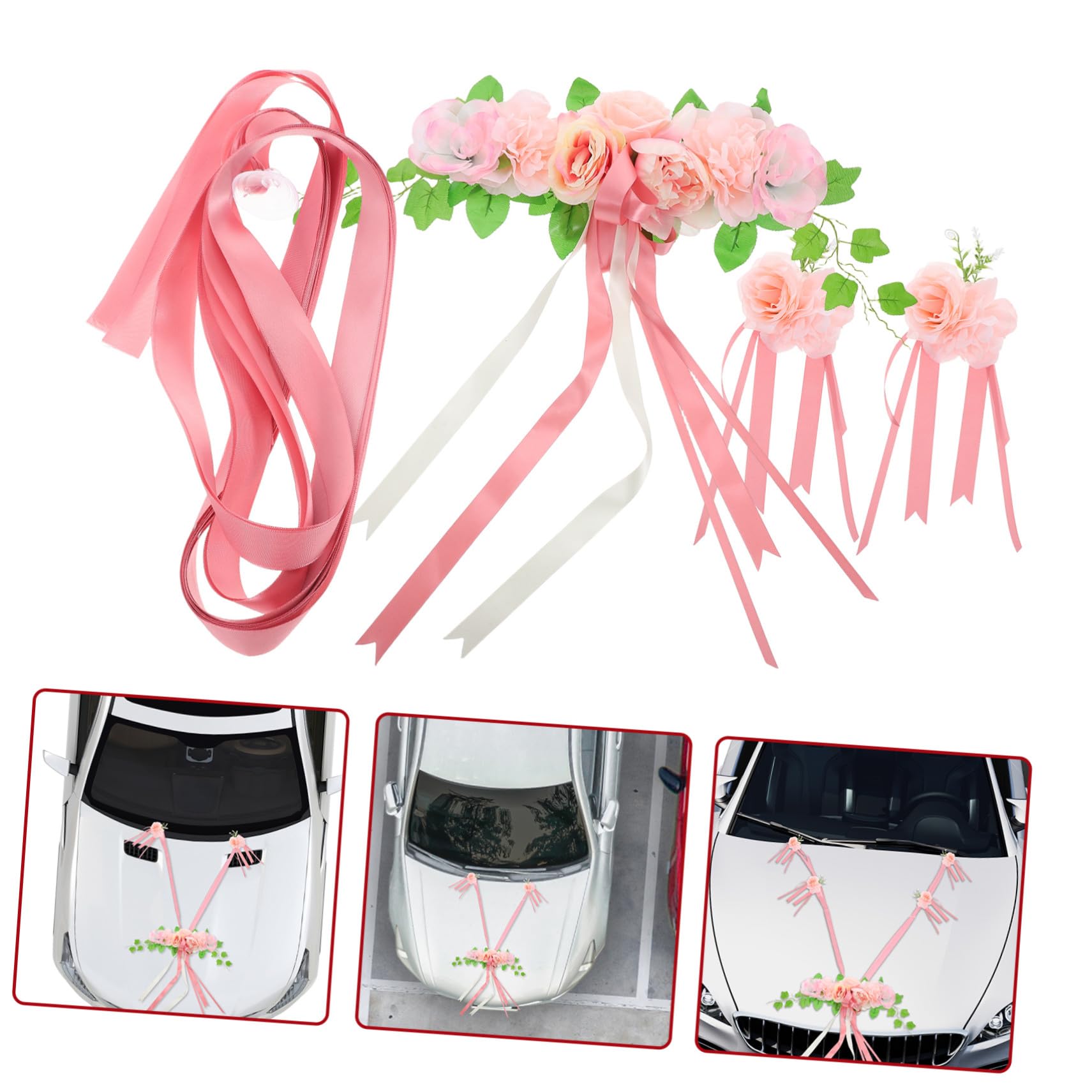 Alipis Hochzeitsauto Dekorationsset Rosa Seidenblumen Elegant für Hochzeit | Brautparty, Künstlich mit Schleifen, Hohe Realität und Farbbeständig, Einfache Montage