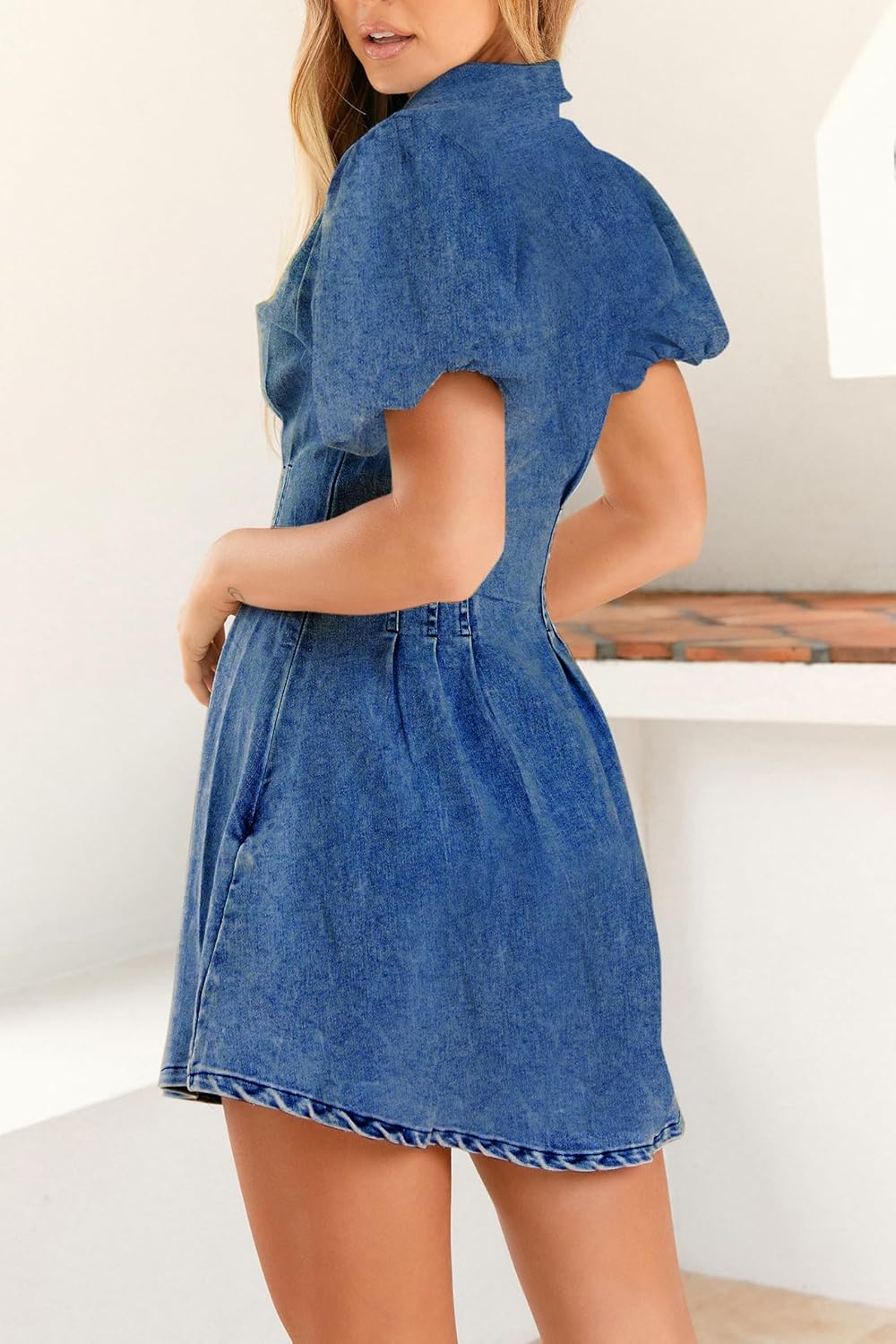 Denim Dress for Women Puff Sleeve Mini Jean Dresses for Women 2025 Summer Casual Denim Dress - Image 3