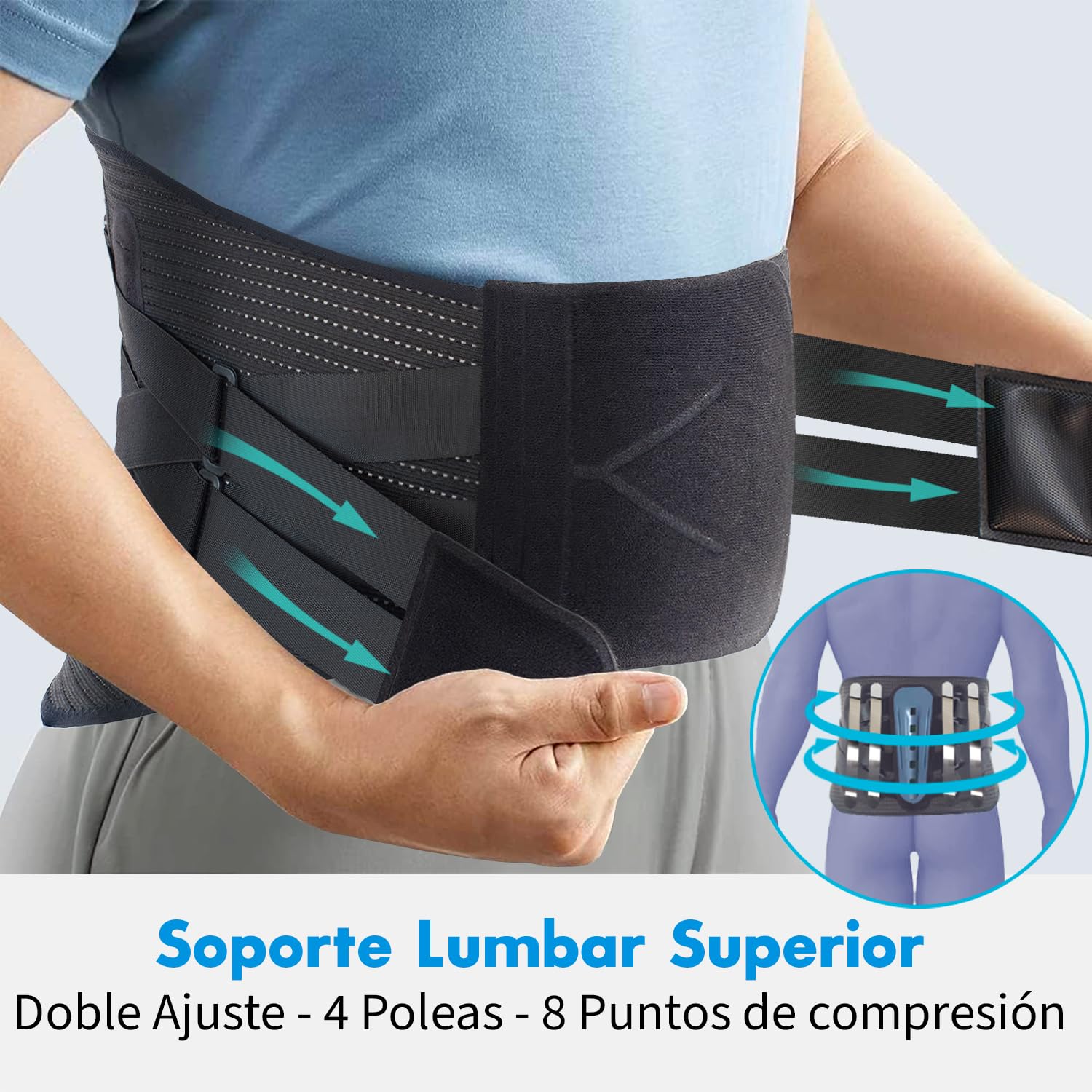 Faja Lumbar Hombre Mujer con Soporte Biónico, Almohadilla de Apoyo 3d, Férulas Ergonómicas, 8 Puntos de Compresión, Malla Elástica Transpirable, Dolor Espalda, Ciática, Trabajo, Postura (XL)