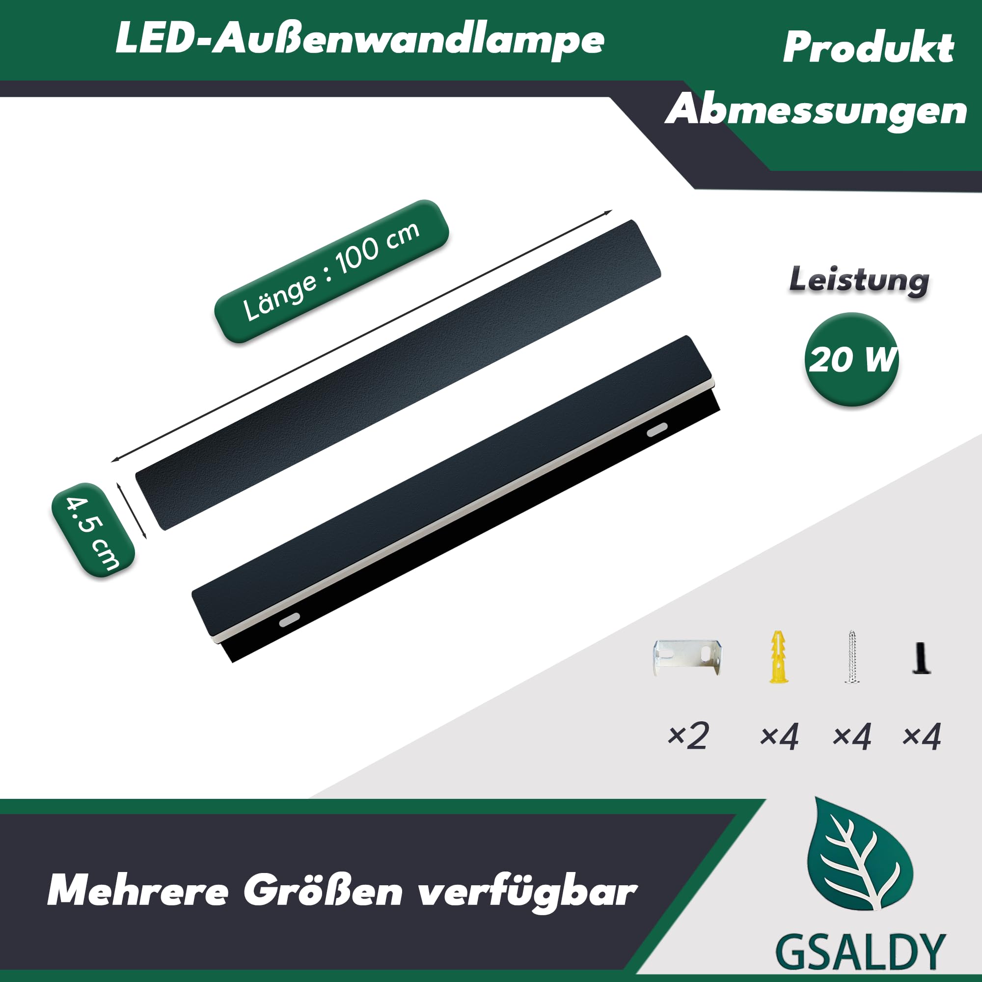 Wandleuchte Aussen Lange Aussenlampe Wand LED 20W Schwarz 100cm | Wasserdicht IP65 Außenwandleuchten/Innen Metall Außenleuchte Warm Light Wandlampe Für Terrassen Villa Eingang Balkon Treppe