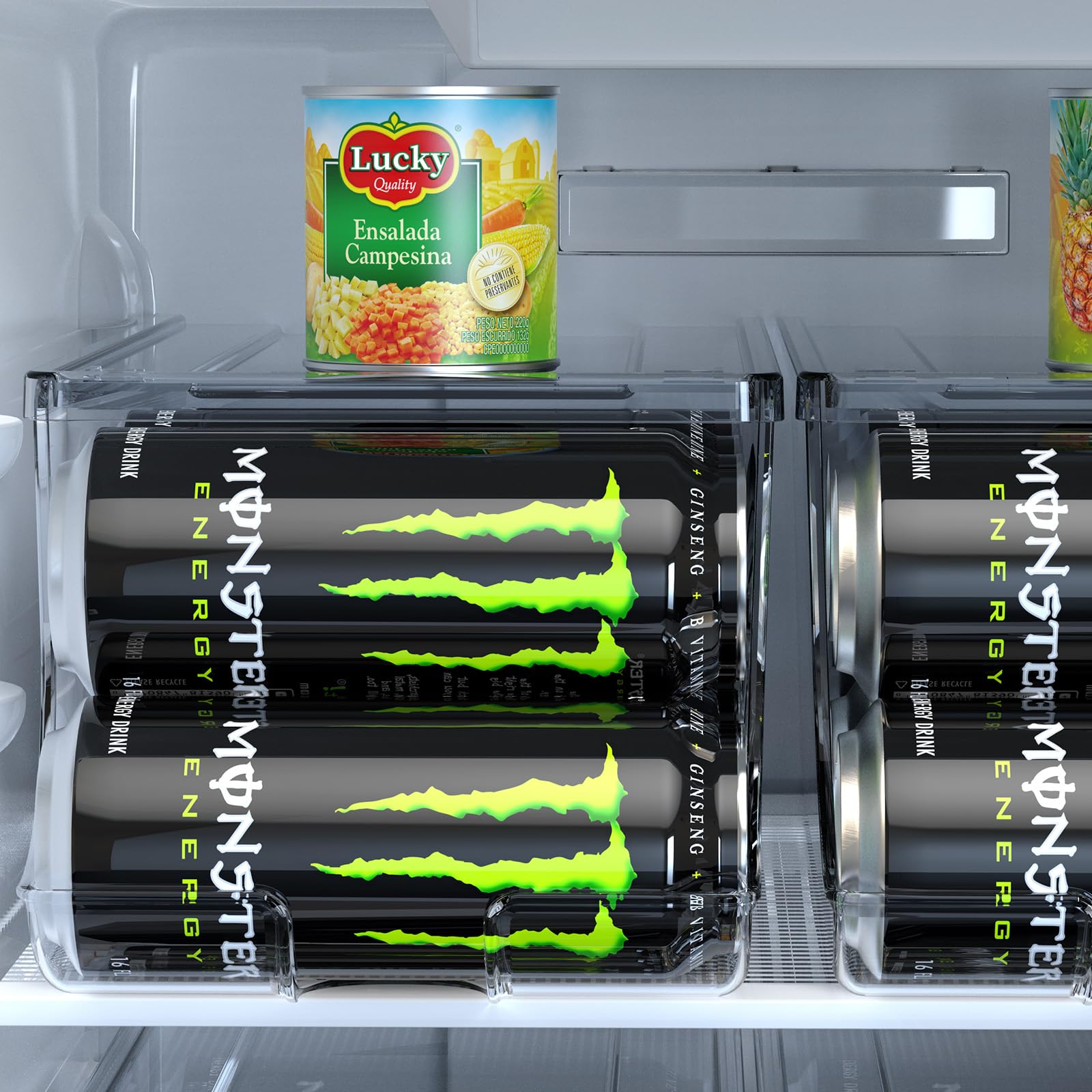 SCAVATA Paquete de 2 organizadores de latas de refresco para refrigerador para latas altas de 16 onzas y 17 onzas, dispensador de contenedores de bebidas apilables con tapa para refrigerador,