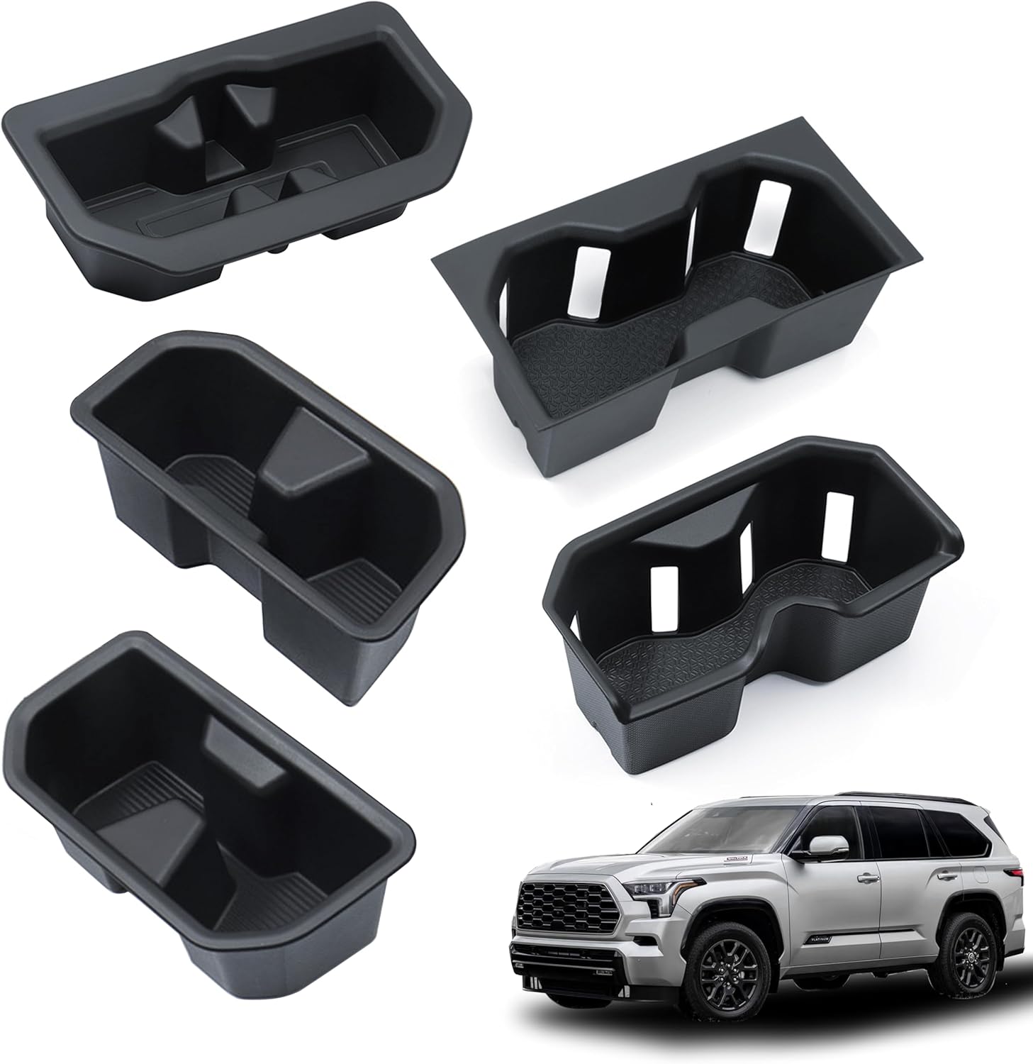 5PCS Cup Holder Set for Toyota Sequoia Accessories 2023 2024 2025 2026 TPE Cup Holder Insert Front Center Console/2nd/3rd Row Protector Organizer Pad for 2024 Sequoia (SR/Limited) 8 Seat Only