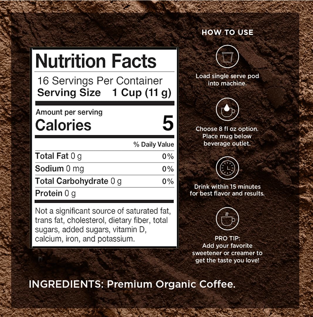 VitaCup Organic Perfect Dark Roast Decaf Coffee Pod for Pure & Clean Energy, Antioxidants, Low Acid, Peru Single Origin in Single Serve Pod Compatible with Keurig K-Cup Brewers, 64 CT