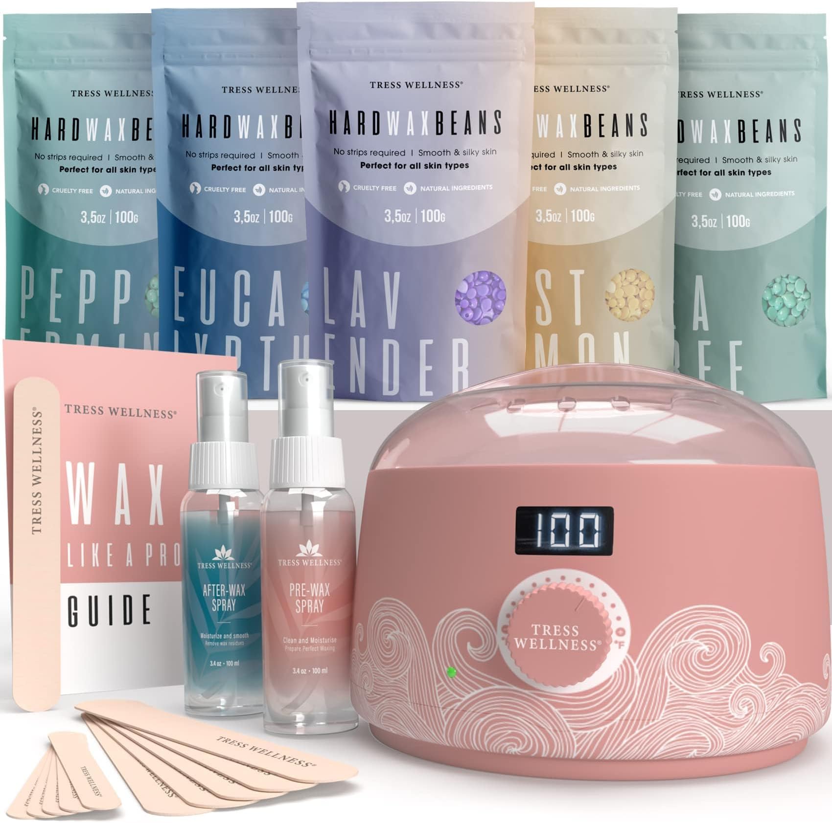 Tress Wellness Waxing Kit for Sensitive Skin – Safe for Face & Skin, Prep & Aftercare Spray, Easy to Use – At-Home Kit for Face, Bikini, Brazilian & Full Body - Digital Display, Dusty Pink Air