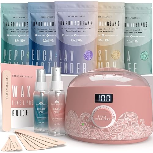 Tress Wellness Waxing Kit for Sensitive Skin – Safe for Face & Skin, Prep & Aftercare Spray, Easy to Use – At-Home Kit for Face, Bikini, Brazilian & Full Body - Digital Display, Dusty Pink Air