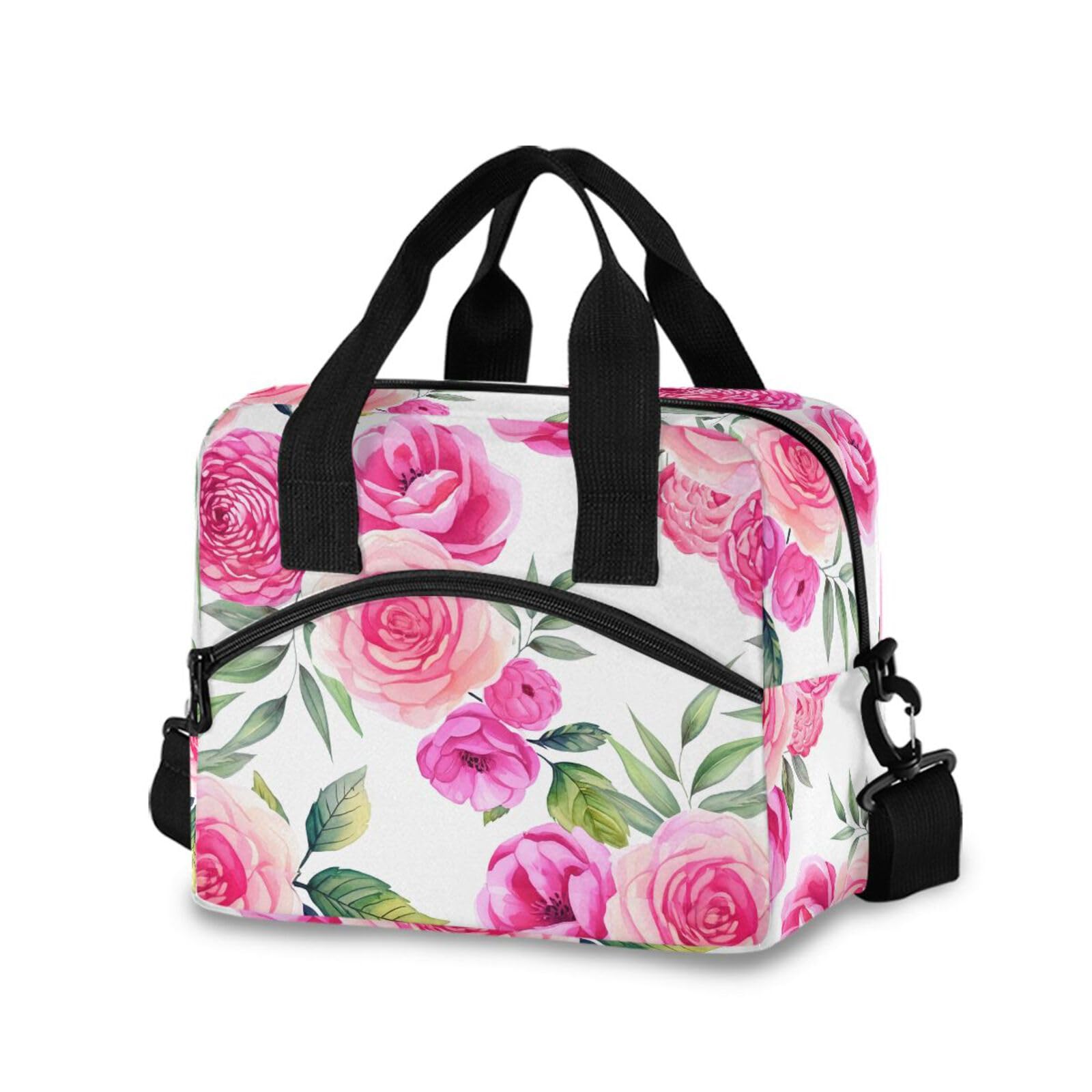 Sinestour Insulated Lunch Bag Reusable Cooler Pink Roses Leaves Lunch Box Adjustable Shoulder Strap for Men Women Adults