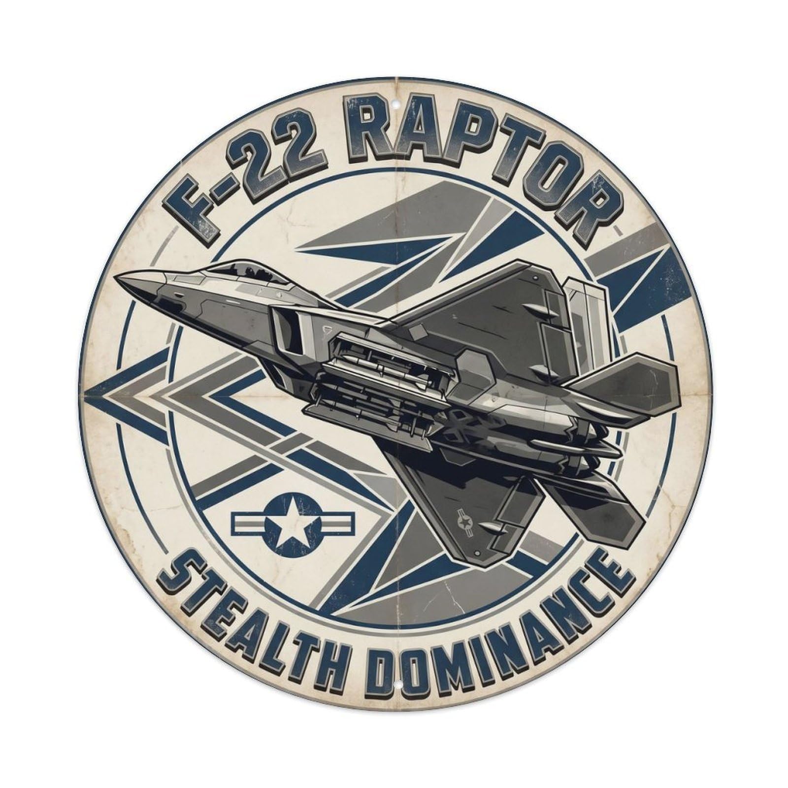 Military Aviation F-22 Raptor Stealth Fighter Aircraft Metal Tin Sign Plaque Wall Decor for Cafe, Man Cave, Club Bar, Office, Home Garden Round Metal Poster 8x8Inch