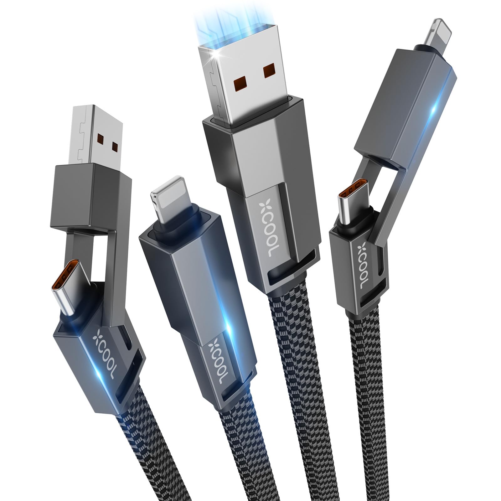 XCOOL USB C Cable, 4-in-1 USB-C Cable (6ft), 100W USB-C Charger Cable with Hook-and-Loop Fastener and Cable Management, USB-C Cable/Fast Charging for MacBook, iPad, iPhone, Samsung, Gray