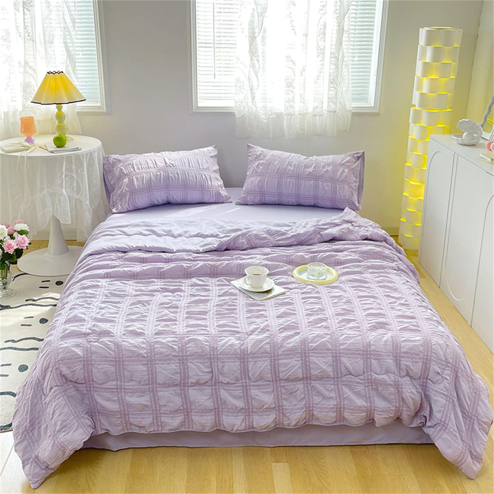 Odot Coverless Duvet 4.5 Tog Single Double King Size, Seersucker Summer Quilted Duvet Cosy and Lightweight Quilt Breathable Bedspreads Quilted Throw for Beds (Purple,150 * 200cm)