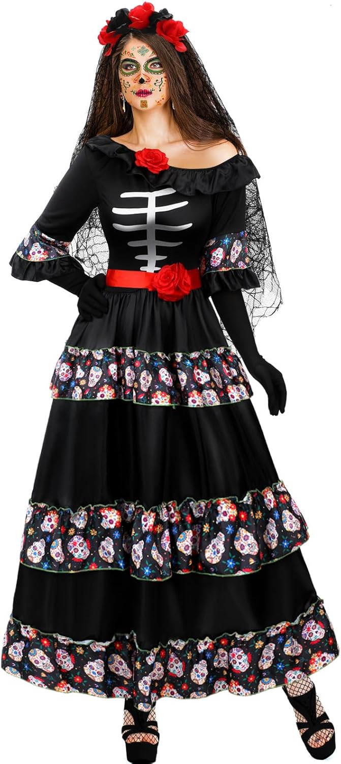 5 Pcs Women's Day of the Dead Costume Halloween Black Skull Skirt Gloves Stocking Face Tattoos Floral Crown Veil - Image 4