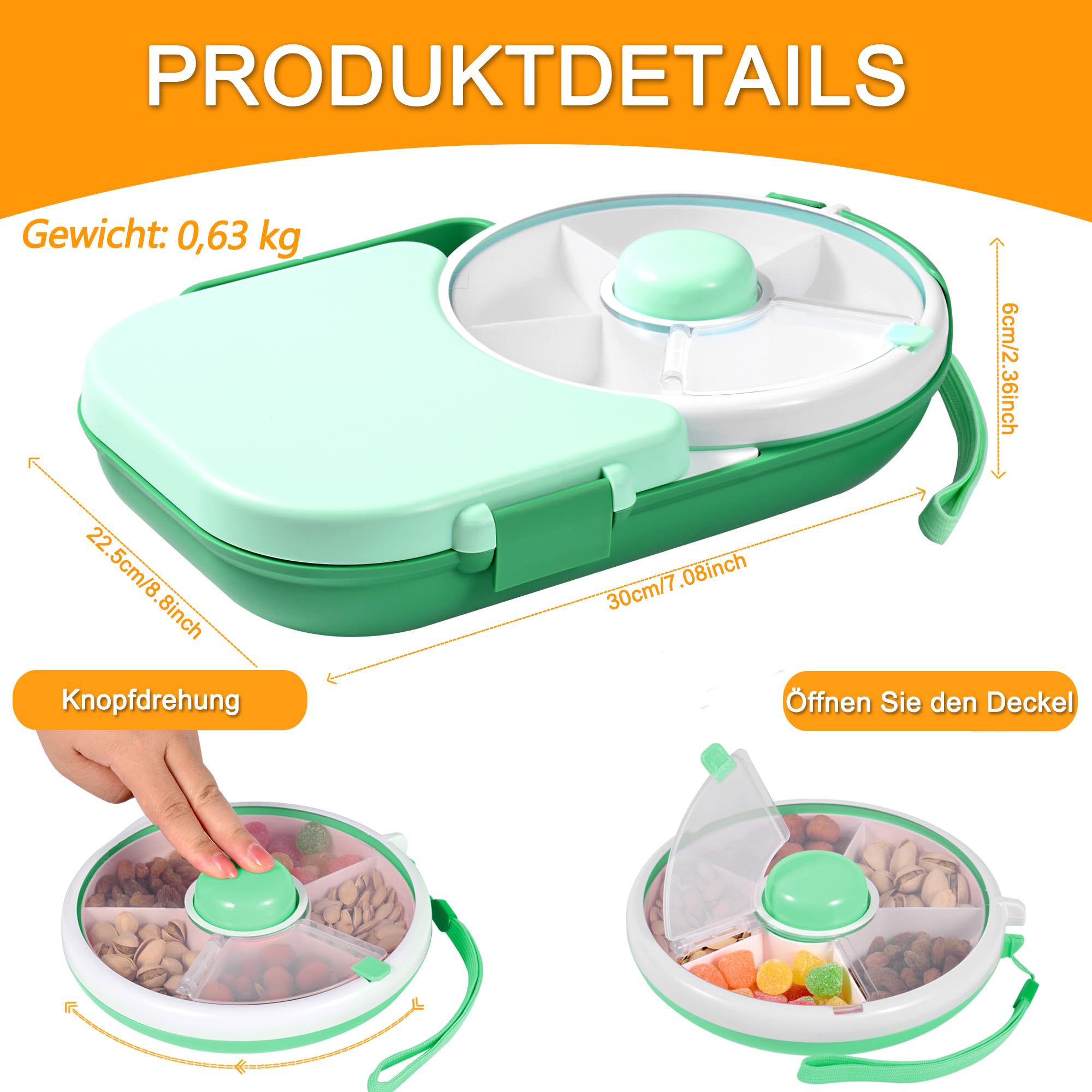 Caja de aperitivos con compartimentos para niños, juego de snack spinner, tapa de sello portátil, plato de aperitivos, fiambrera multifuncional para bebé, fiambrera escolar