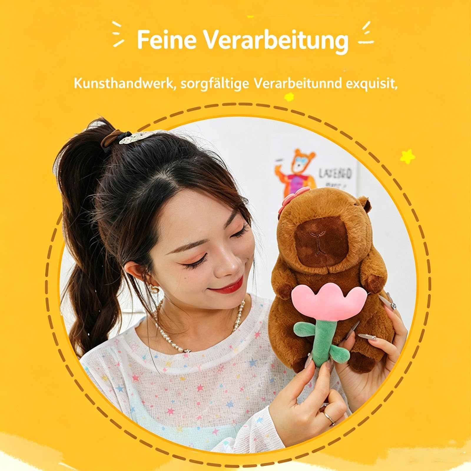 Capybara Plüschtier mit Blume, weiches Wasserschwein Kuscheltier, kreatives Stofftier zum Kuscheln, Kinder & Erwachsene (90cm)