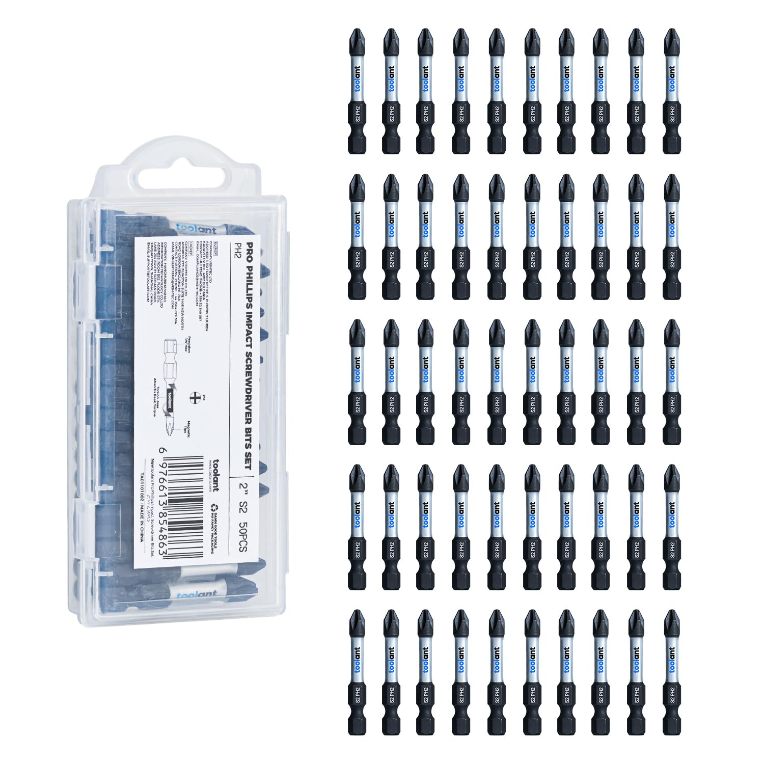 toolant Lot de 50 embouts de tournevis à percussion magnétiques antidérapants Phillips de 5,1 cm avec embouts usinés CNC pour perceuse électrique