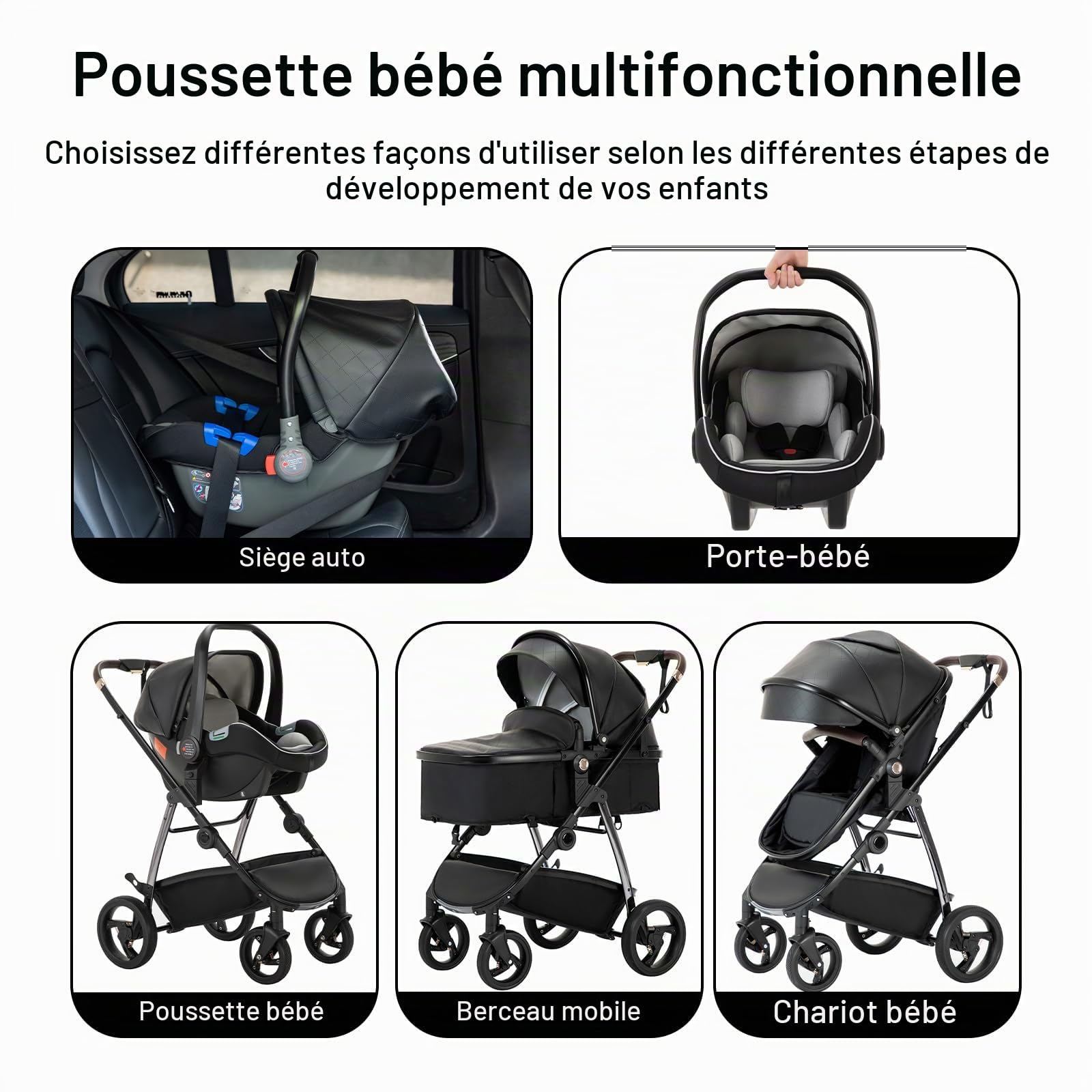 Cuirs Poussette Combinée 3 en 1, Poussettes Citadines Avec Siège Auto ECE R129, Poussette Portable Pliant en Un Clic, Nacelle Souple Convertible Cadre en Aluminium Pour Nouveau-né 0-4 years
