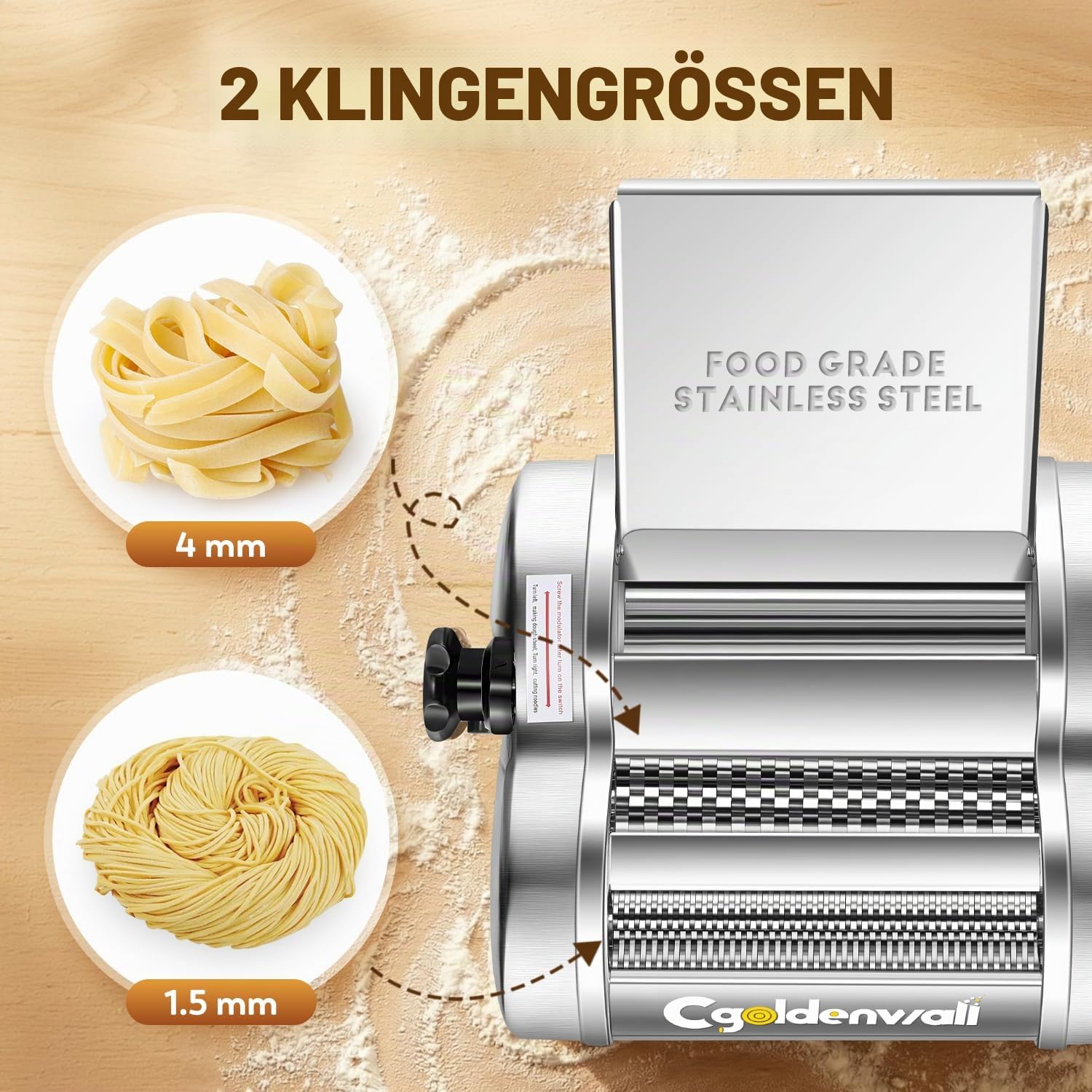 CGOLDENWALL Elektrische Nudelmaschine 140W Edelstahl Pasta Maker 2 Klingen 1,5 mm/4 mm 9 Einstellbare Stärken 0,3-3 mm