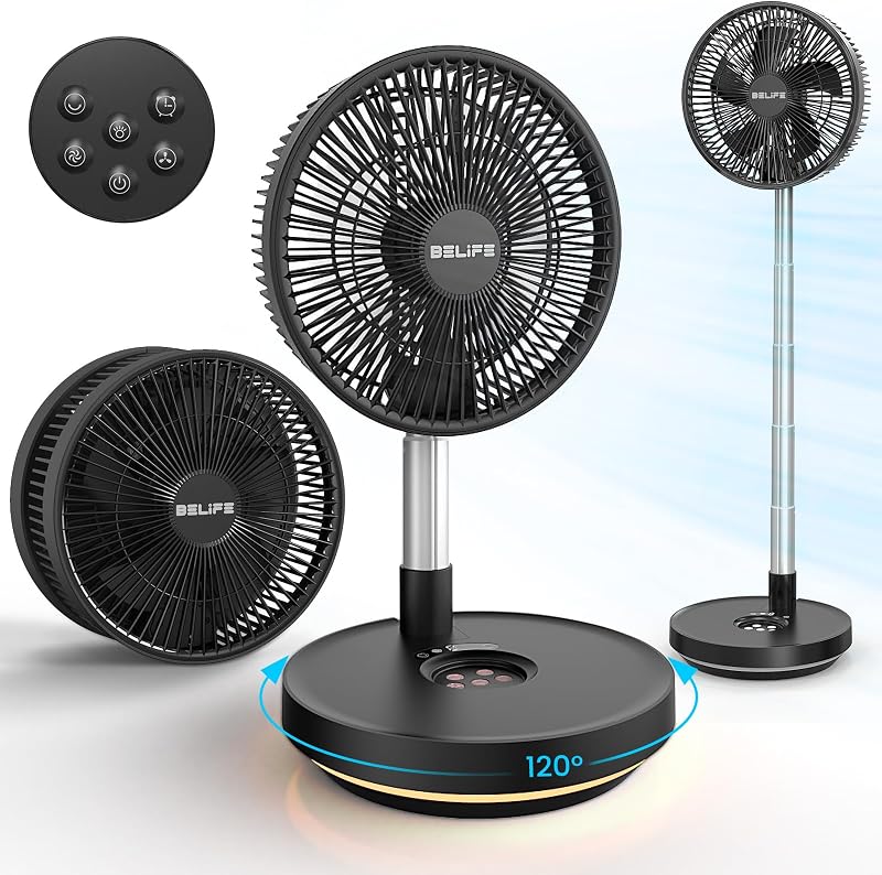 Belife X10 Portable Rechargeable Fan for Travel & Camping | 7200mAh Battery Operated USB Fan, Cordless Oscillating Floor Fan with Remote & Timer & Light, Foldable Desk Fan, 10"