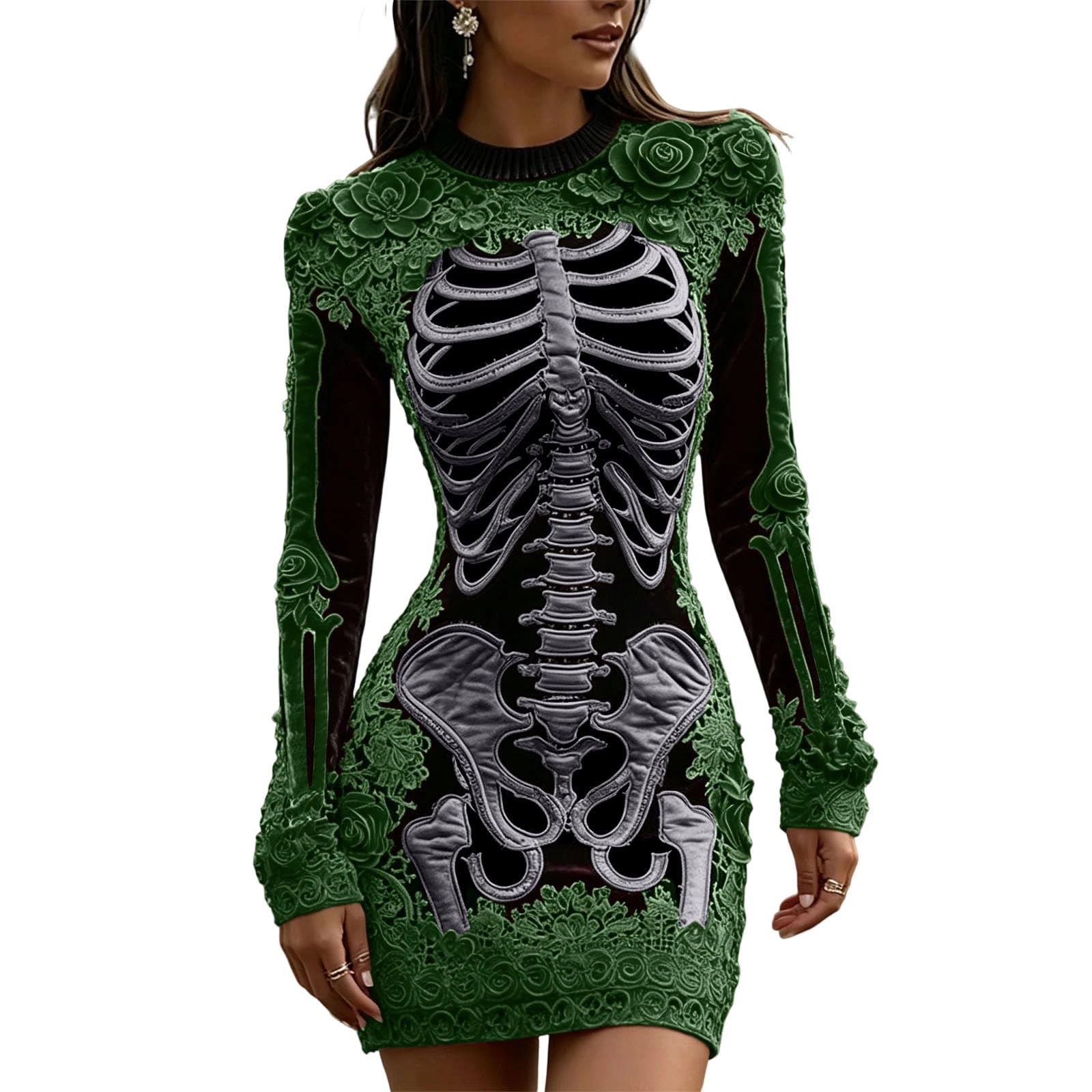 Women Halloween Costume Vintage Long Sleeve Crew Neck Gothic Mini Dress — image 1