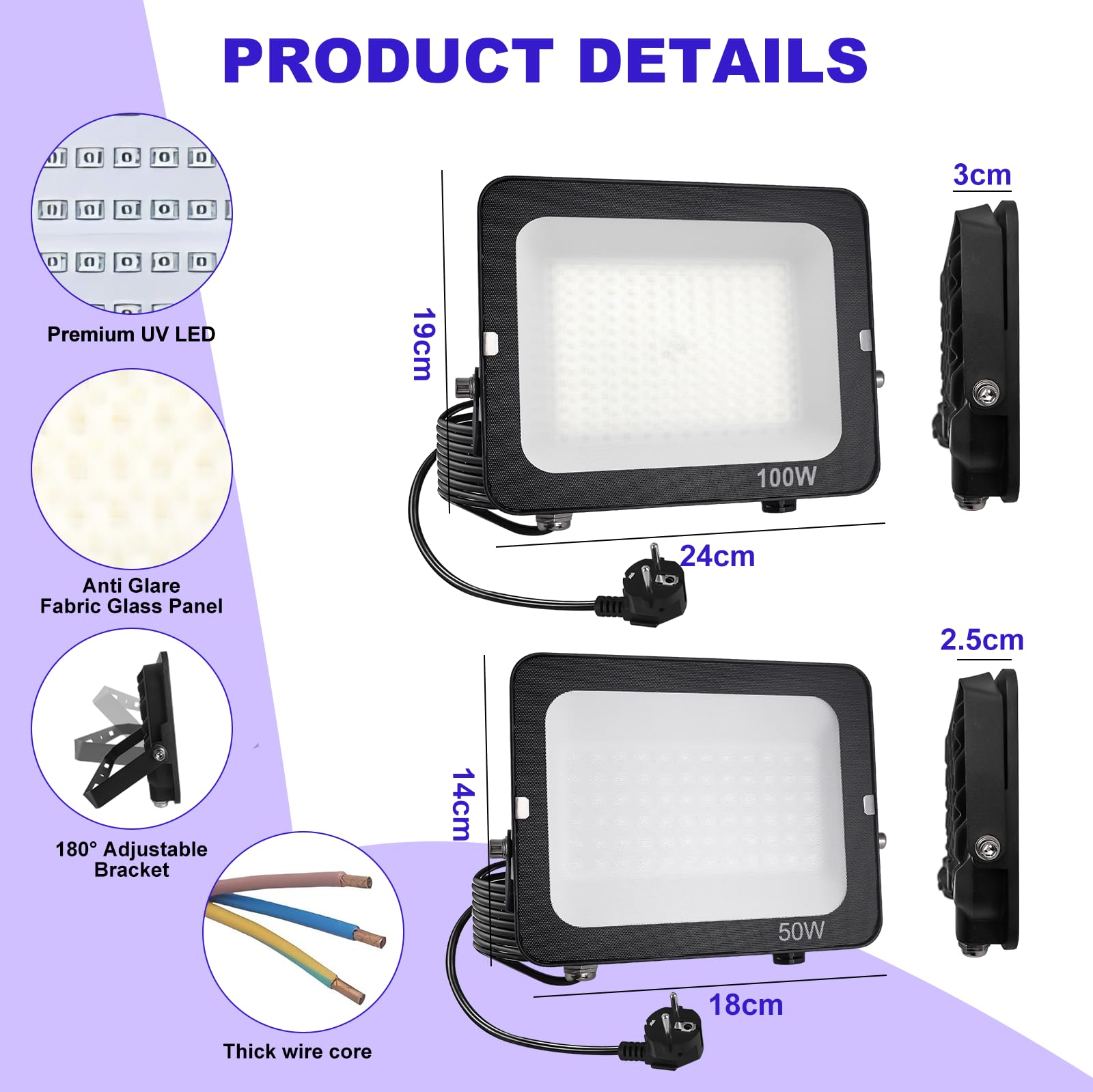 Luce Nera UV 100W,Fosingut 395-400nm Faretto UV LED con Spina,IP65 Impermeabile Lampada Ultravioletta Faro per Glow Festa,Fluo Pittura del Corpo,Natale,Halloween,Discoteca,Club,Acquario,Bar,Neon Festa
