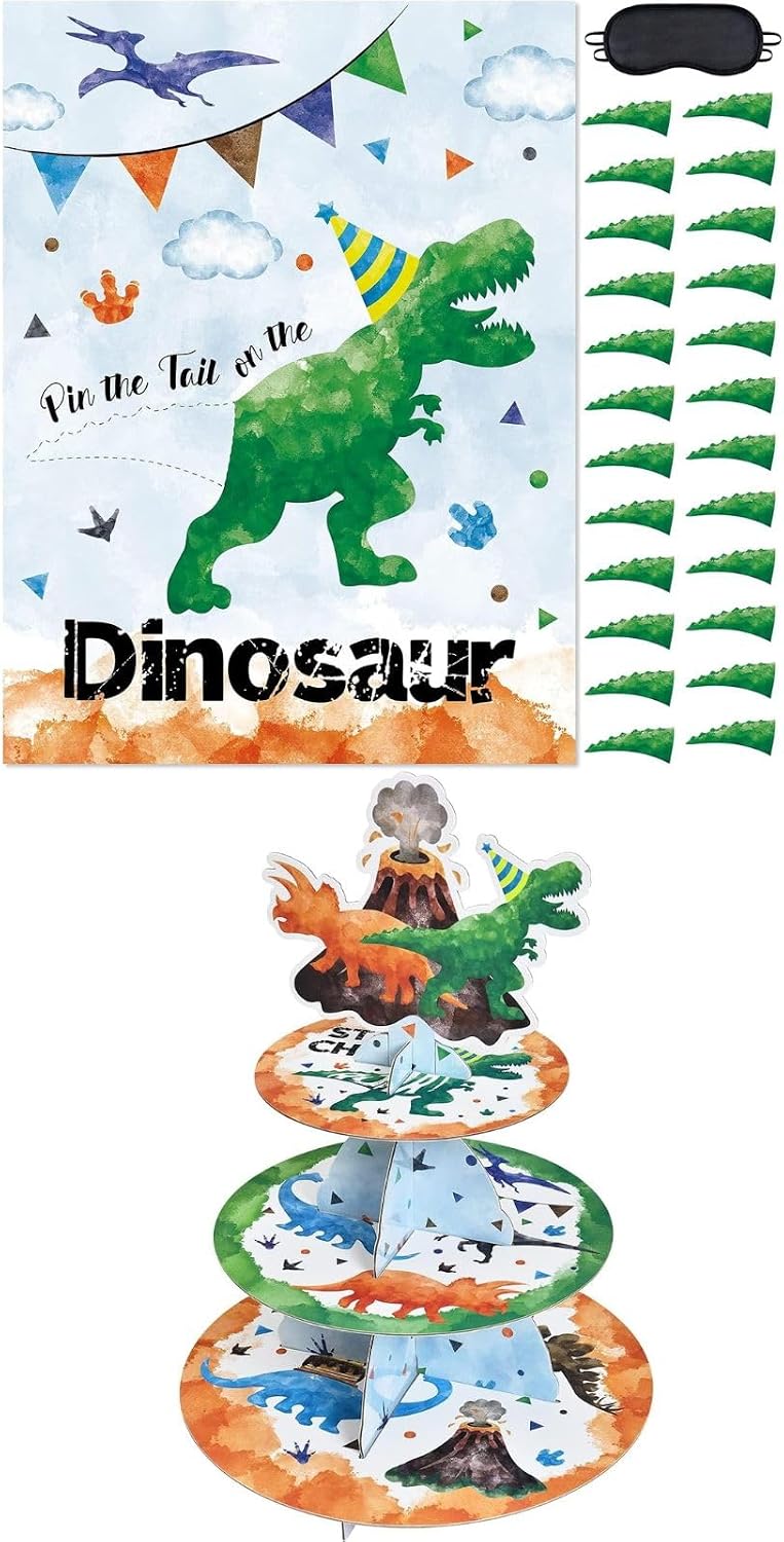 WERNNSAI 3Tier Dinosaur Cupcake Stand + Pin The Tail on The Dinosaur Party Game