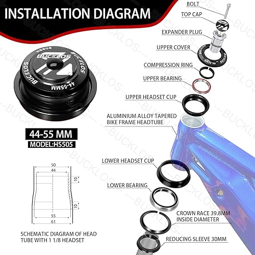 Vista 31 de BUCKLOS 1-1/8 Auriculares para bicicleta MTB sin rosca 34 44 44-50.6 44-55 44-56 1.646-2.047 in, tubo cónico recto para bicicletas de montaña
