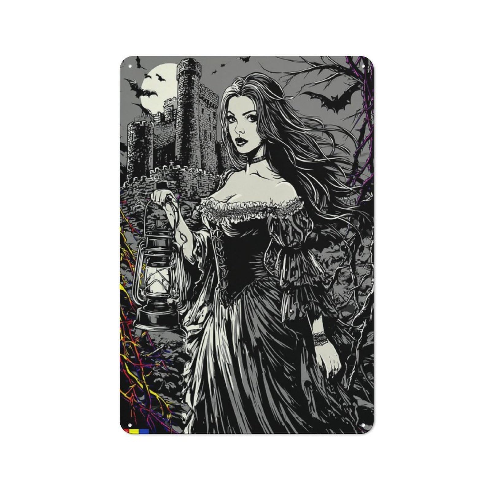 Junmoney Haunting Lantern Maiden Tin Sign 30X20cm With For Living Room Wall, Rustic Decor, For Living Room Decor Lovers