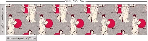 Miniatura 3 de Lunarable - Tela japonesa por yarda, Geishas con paraguas de papel y abanico en un fondo en escala de grises, tela decorativa para tapicería y Beige