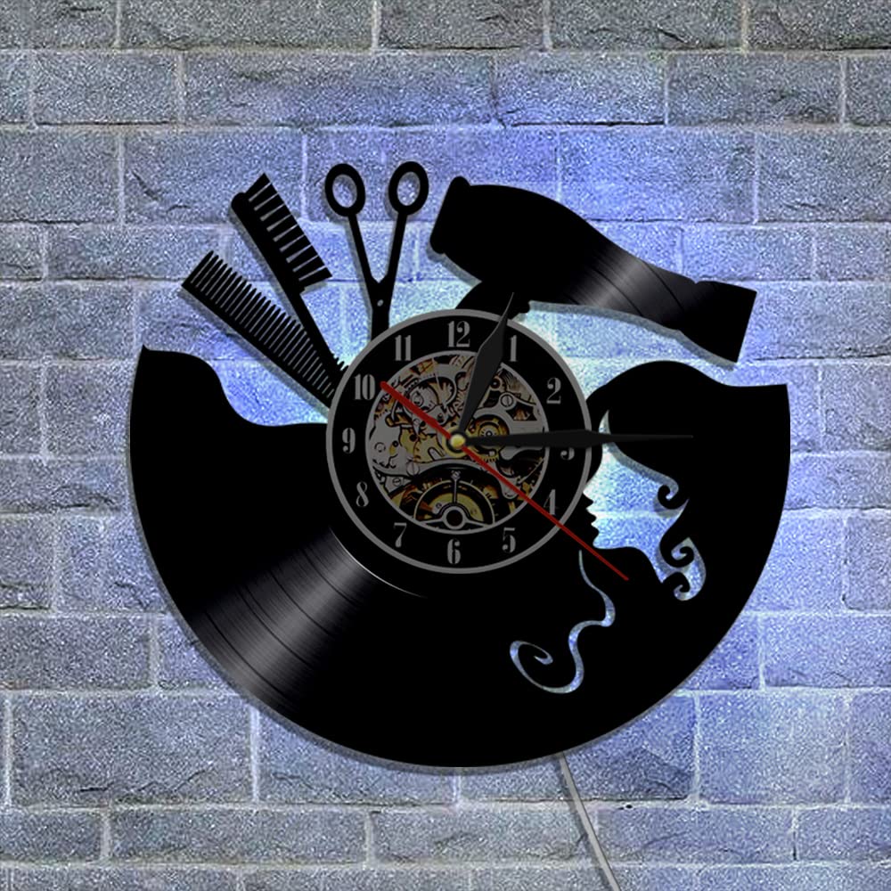 Reloj de pared de vinilo con tema de peluquería con luz nocturna LED, función de reloj de pared, regalo para peluquería
