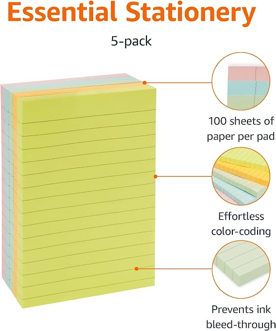 Amazon Basics Lined Sticky Notes, 4x6 Self-Stick Pads with Clean Removal Adhesive for To Do List, Home, Office, Notebook, Assorted Colors, 100 Sheets/Pad, Pack of 5