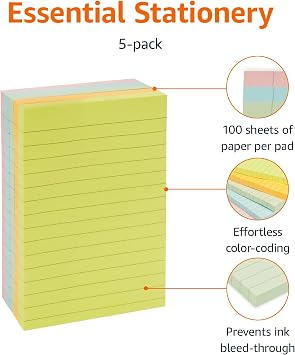 Amazon Basics Lined Sticky Notes, 4x6 Self-Stick Pads with Clean Removal Adhesive for To Do List, Home, Office, Notebook, Assorted Colors, 100 Sheets/Pad, Pack of 5